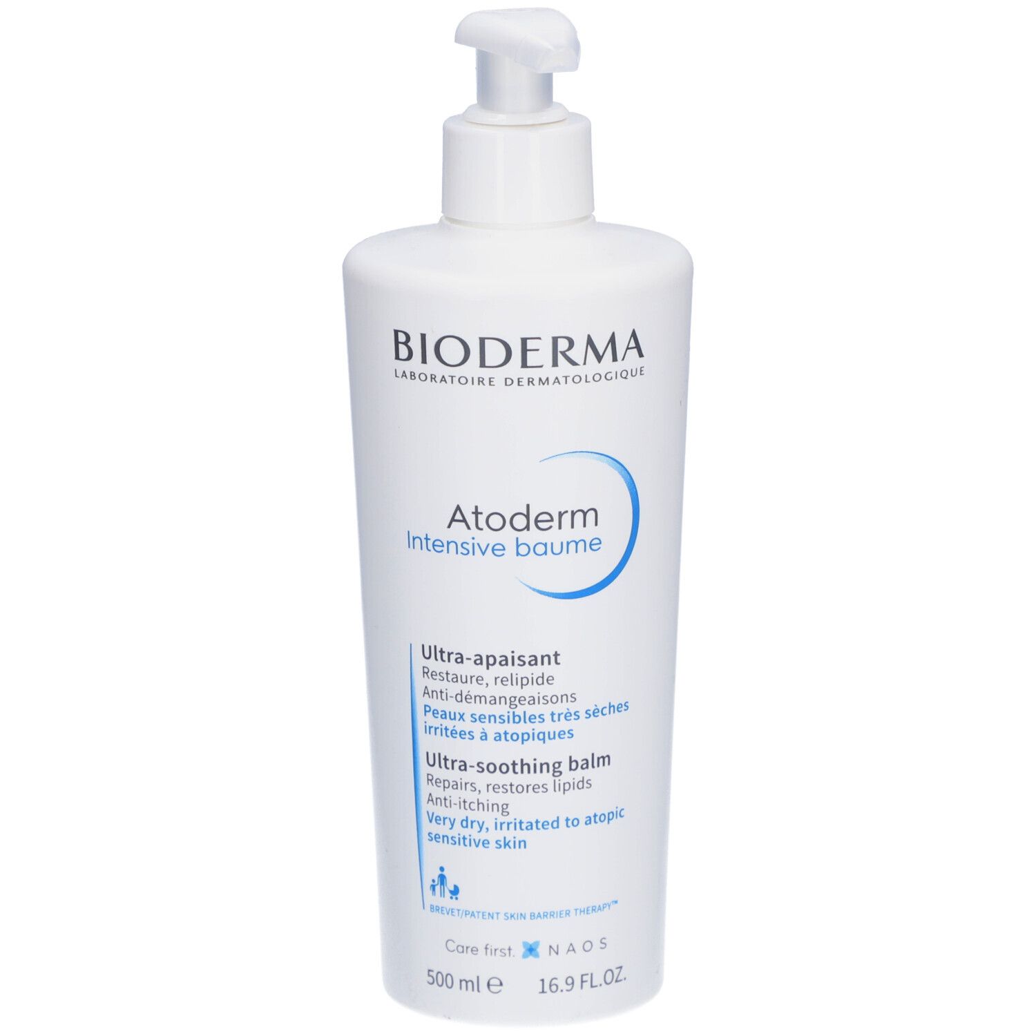 Weiße Flasche mit Pumpverschluss. Aufschrift: BIODERMA, Atoderm intensive baume. Text: Ultra-beruhigend, repariert, lindert Juckreiz.