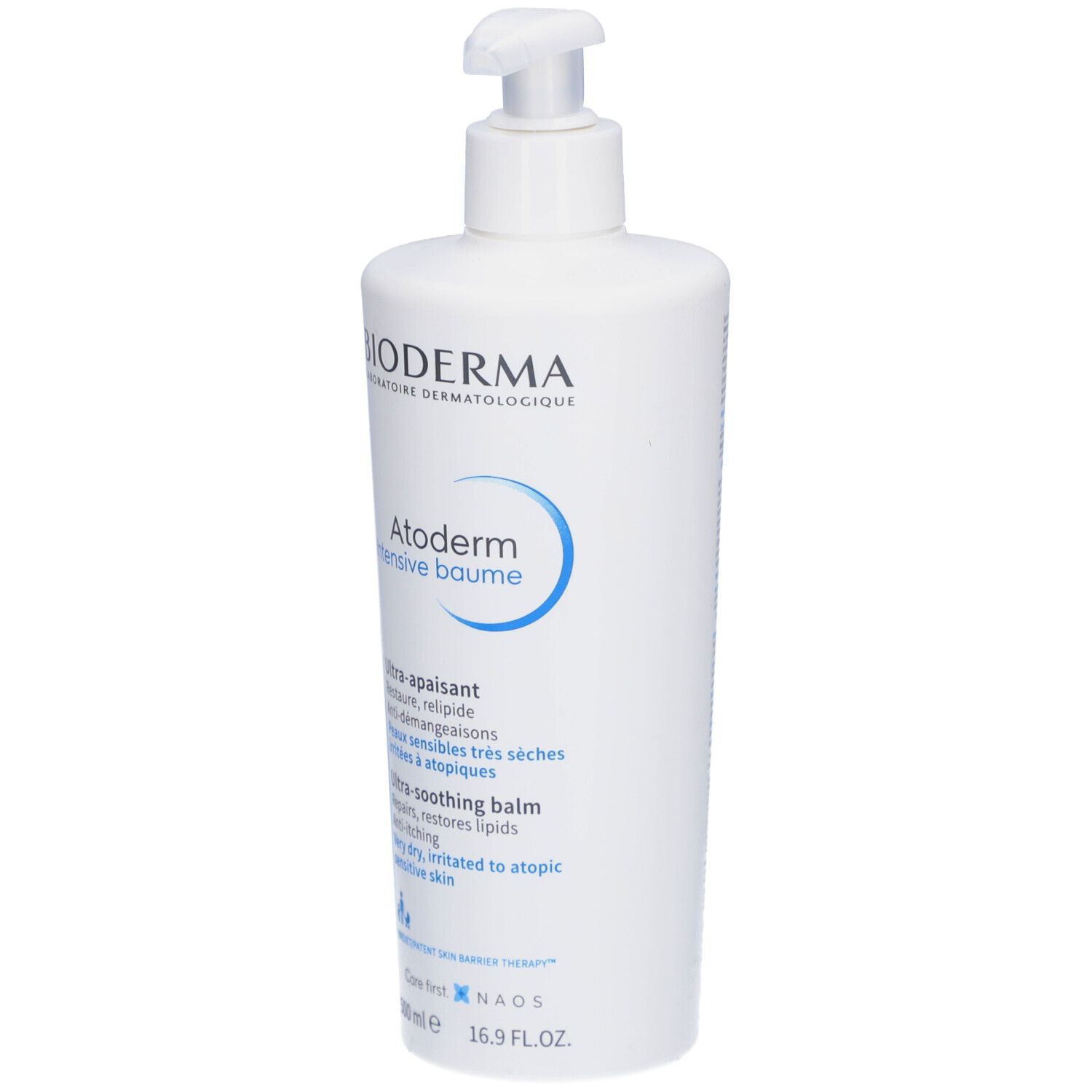 Weiße Flasche mit Pumpverschluss. Aufschrift: BIODERMA, Atoderm intensive baume. Text: Ultra-beruhigend, repariert, lindert Juckreiz.