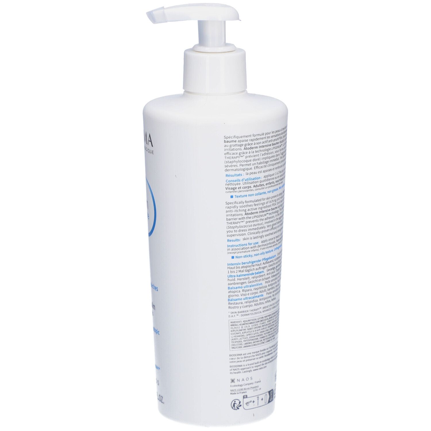 Weiße Flasche mit Pumpverschluss. Rückseite mit Text. Aufschrift: BIODERMA, Atoderm intensive baume. Detailinformationen.