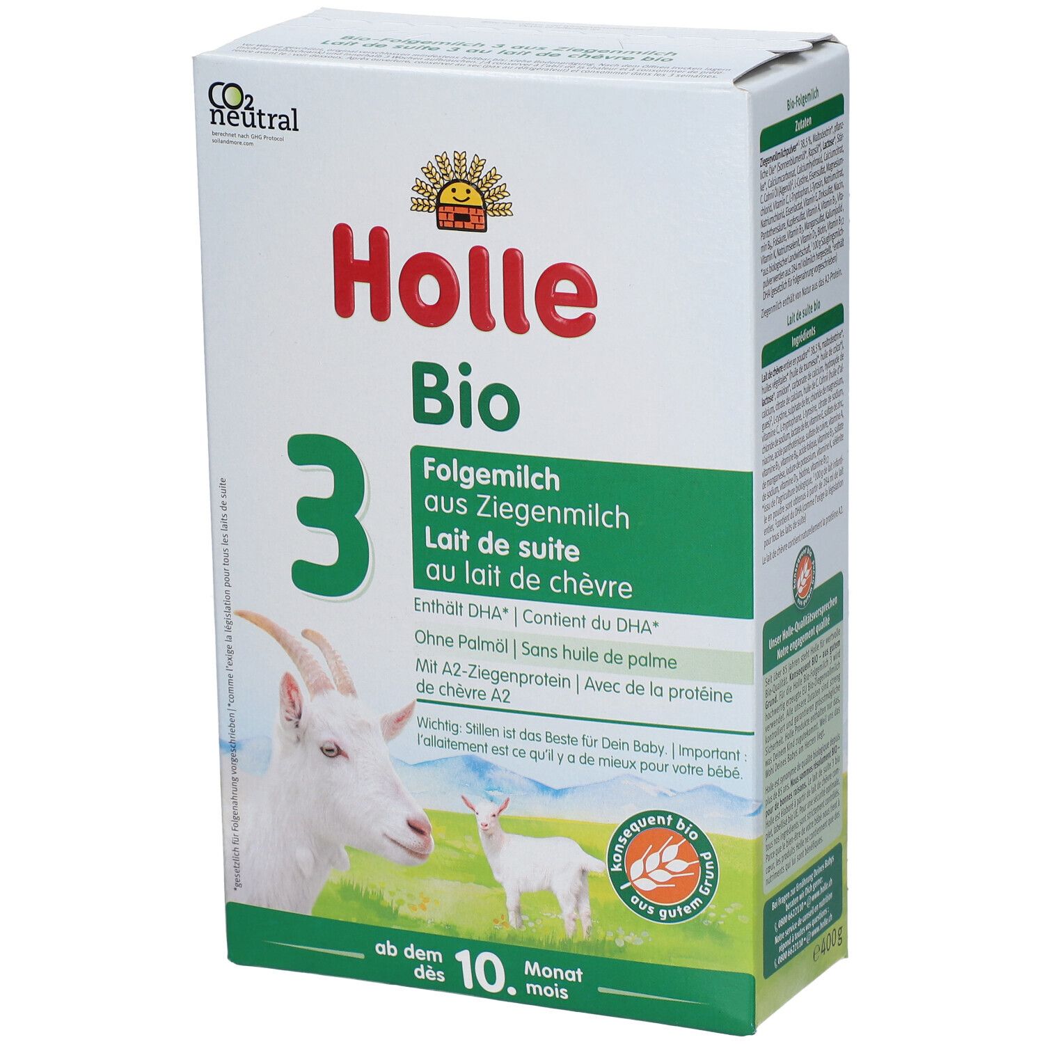 Boîte de lait de suite Holle Bio 3. Contient DHA, sans huile de palme, avec protéine de chèvre. Dès le 10e mois.