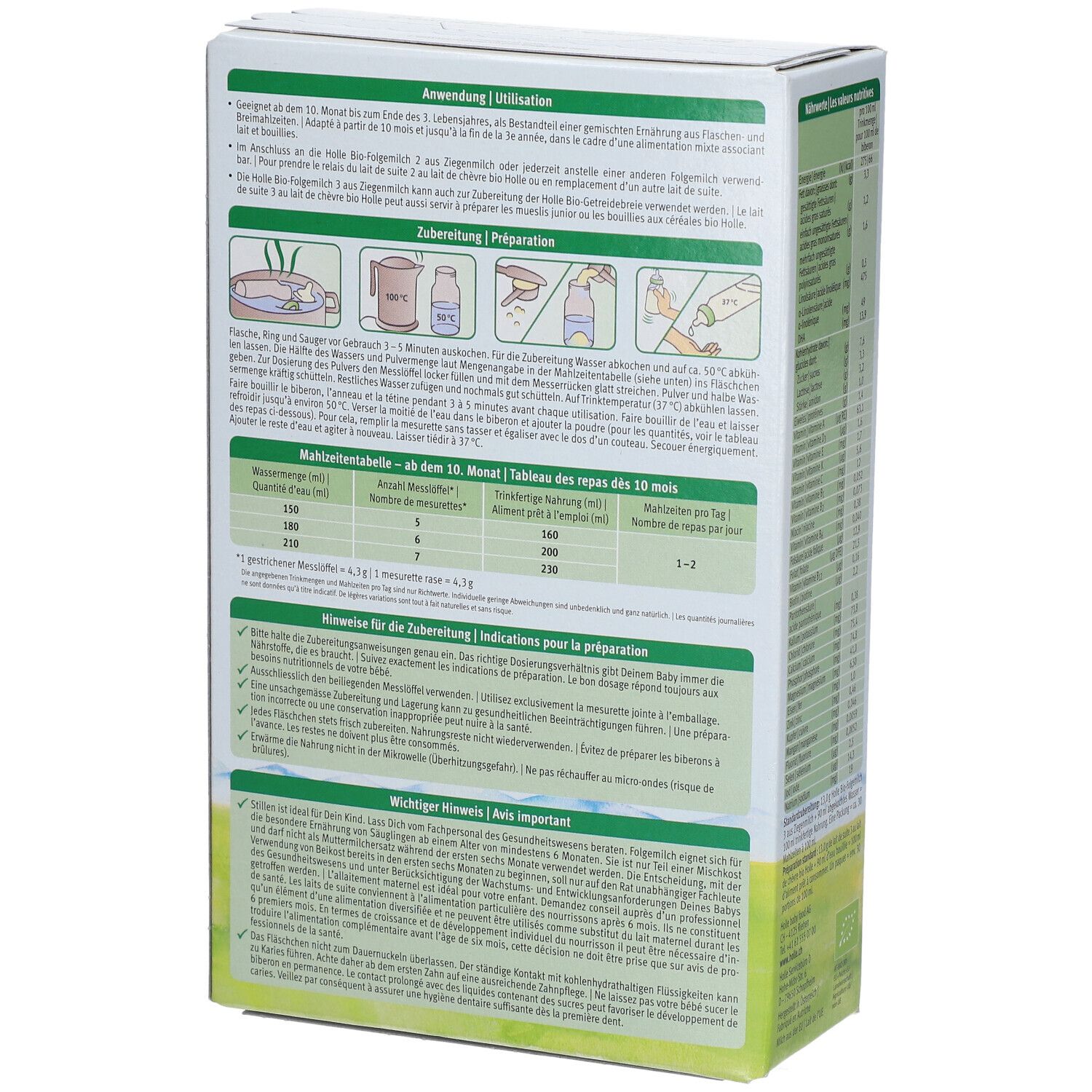 Dos de la boîte de lait de suite Holle Bio 3. Mode d'emploi, préparation et tableau nutritionnel pour bébés.