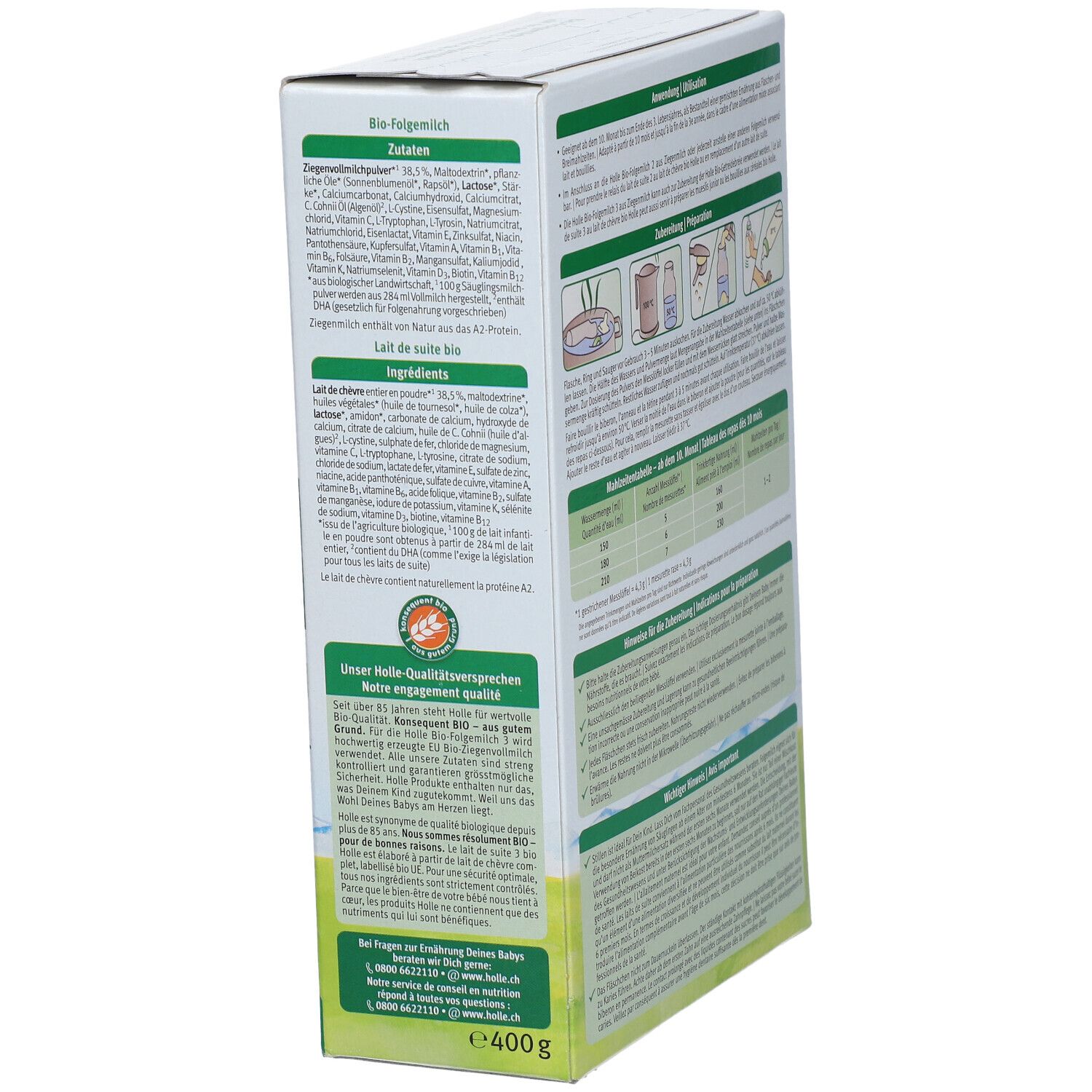 Côté de la boîte de lait de suite Holle Bio 3. Ingrédients, informations nutritionnelles et labels de qualité.