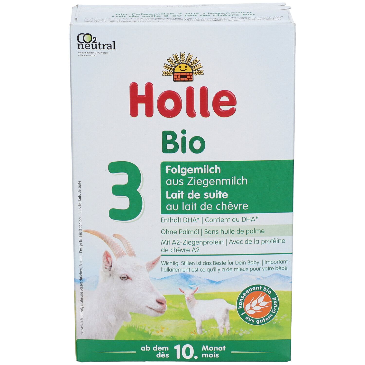 Boîte de lait de suite Holle Bio 3. Contient DHA, sans huile de palme, avec protéine de chèvre. Dès le 10e mois.