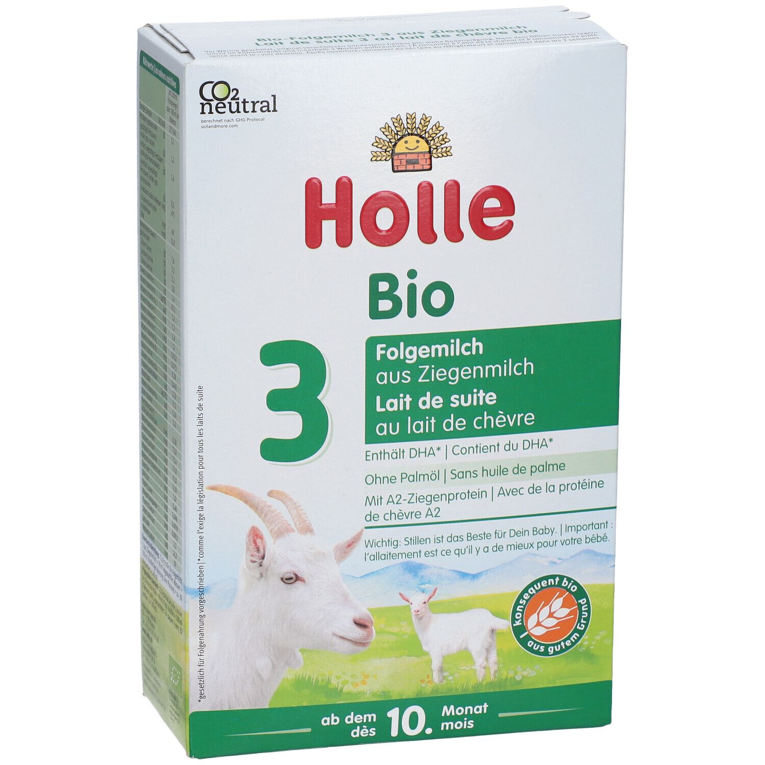Boîte de lait de suite Holle Bio 3. Contient DHA, sans huile de palme, avec protéine de chèvre. Dès le 10e mois.