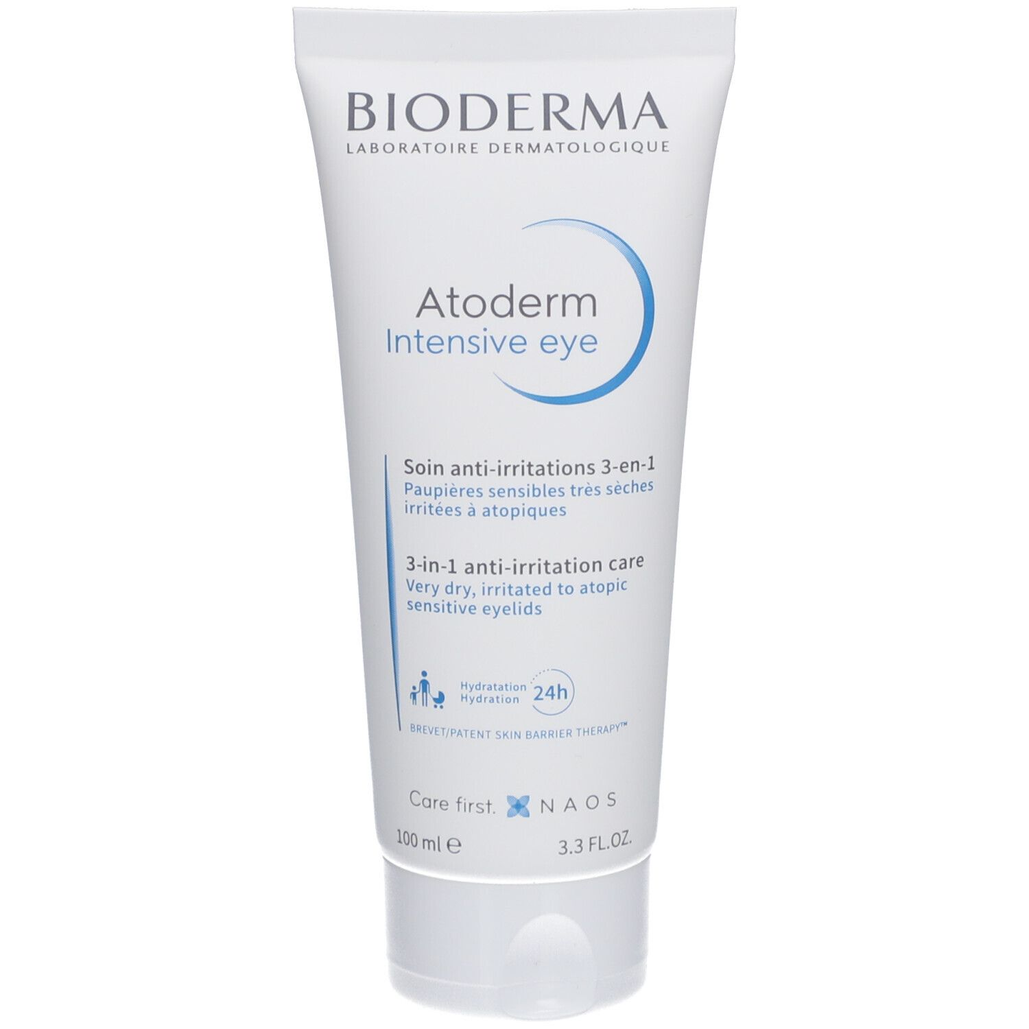 Tube blanche avec texte bleu. BIODERMA Atoderm Intensive eye. Soin 3-en-1 anti-irritations. 100 ml.