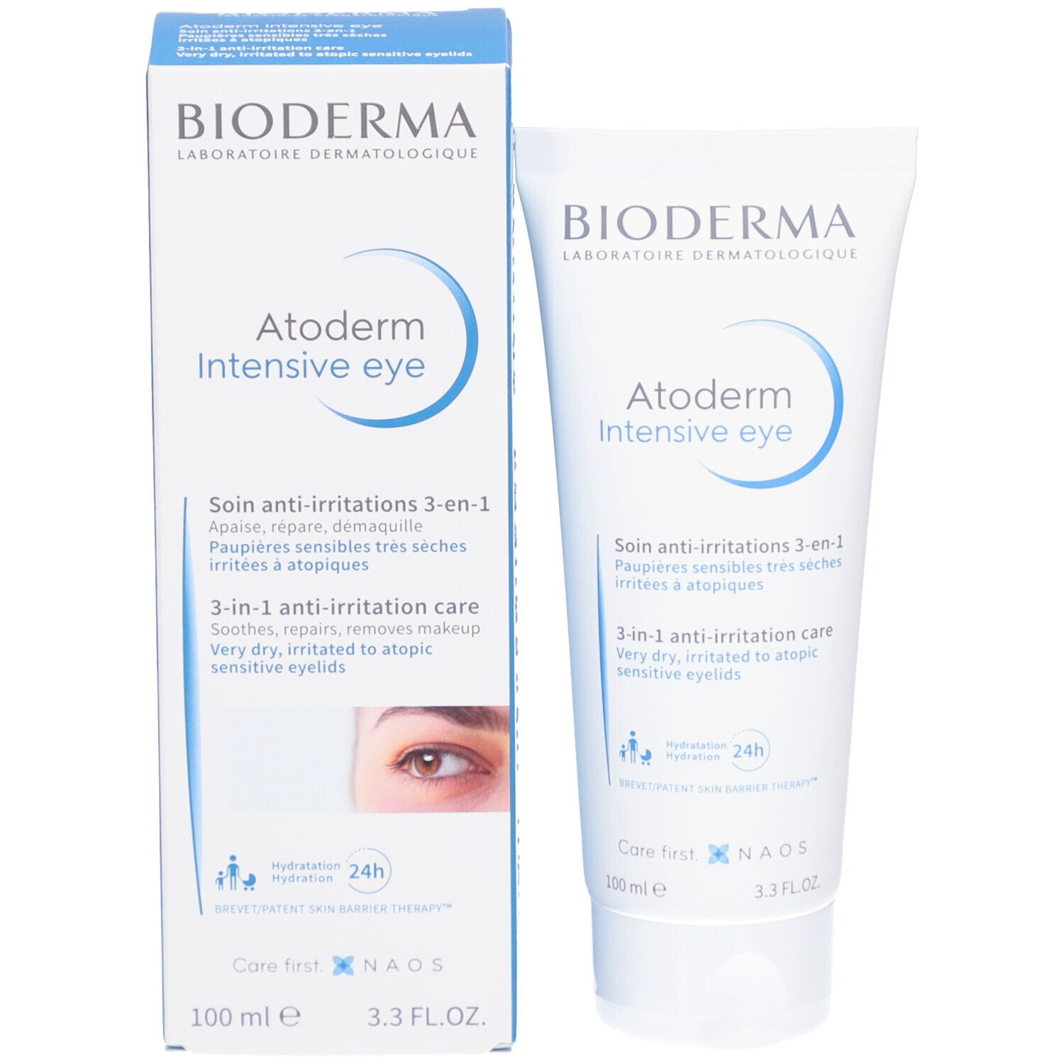 Emballage et tube. BIODERMA Atoderm Intensive eye. Boîte avec image du produit. 100 ml.