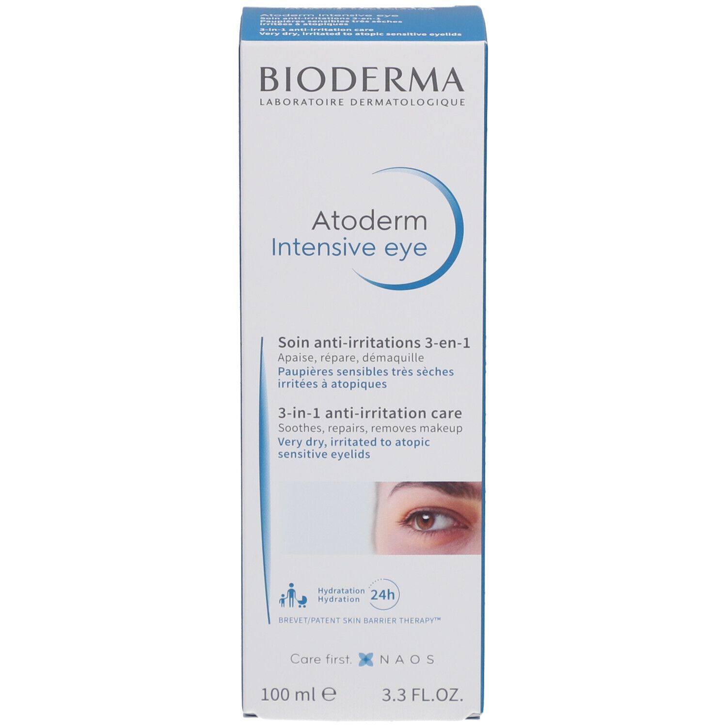 Emballage bleu. BIODERMA Atoderm Intensive eye. Soin 3-en-1 anti-irritations. 100 ml.