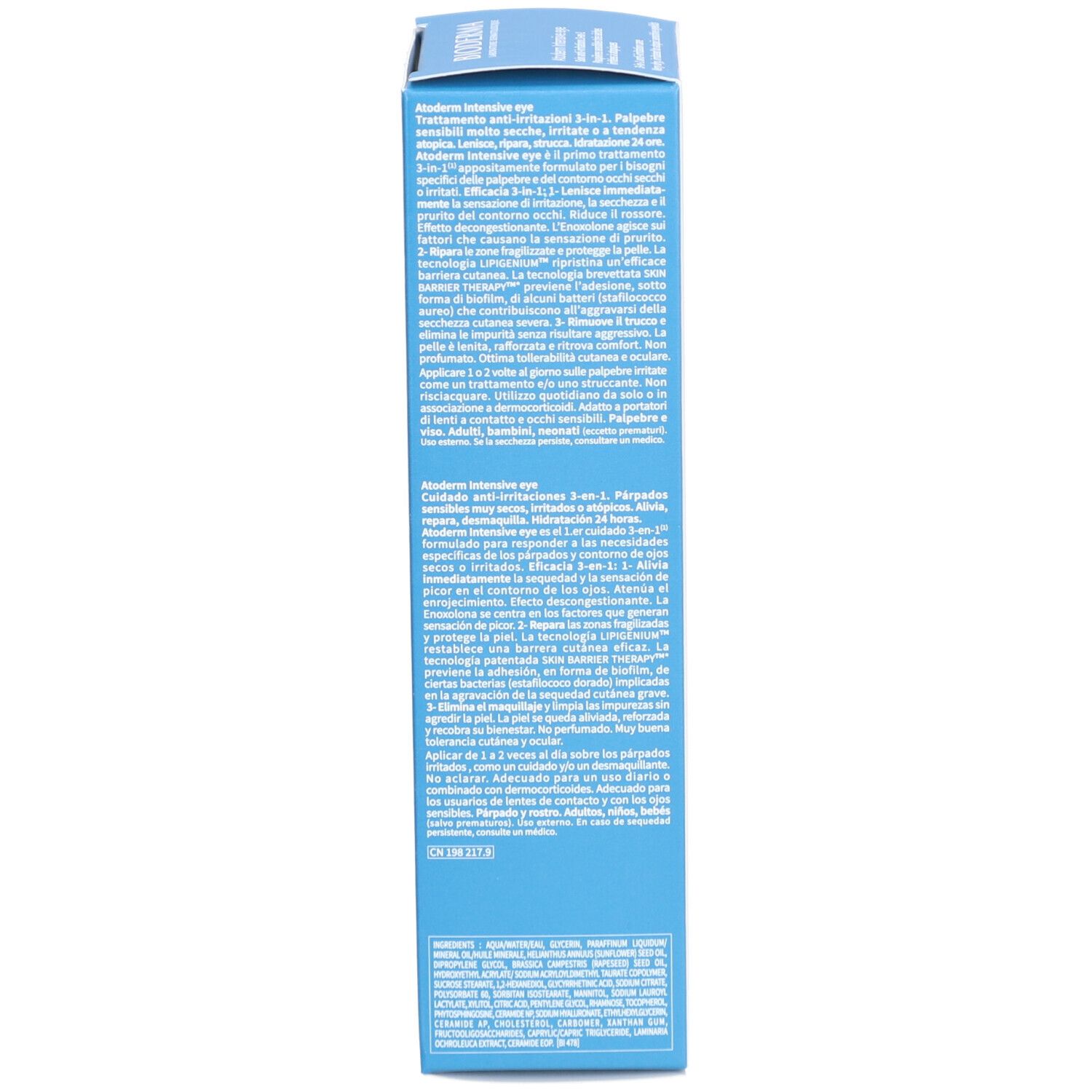 Emballage bleu. Texte multilingue. Informations et instructions sur le produit.