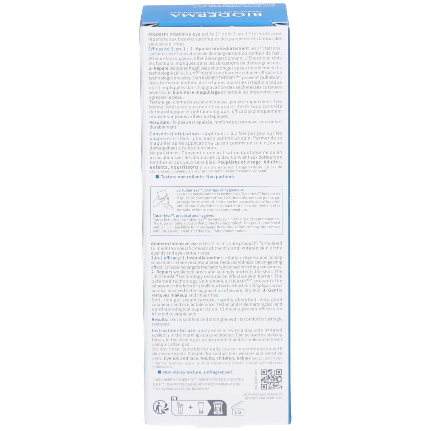 Emballage bleu. Texte multilingue. Informations et instructions sur le produit.