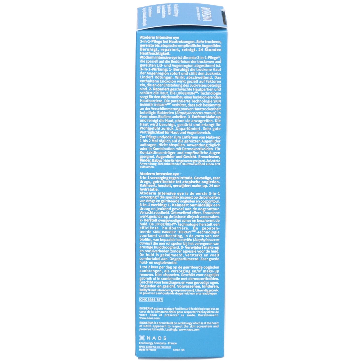 Emballage bleu. Texte multilingue. Informations et instructions sur le produit.