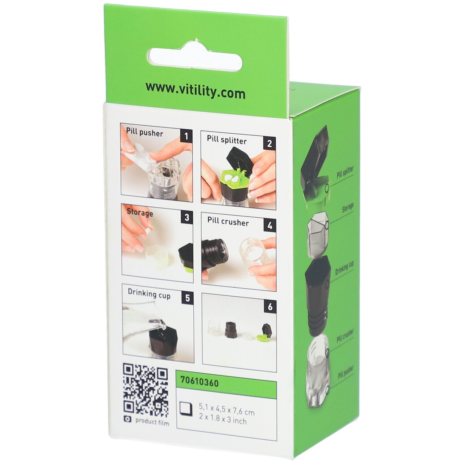 Verpackung eines Pillenspenders mit Anleitungsbildern für Pillen schieben, teilen, lagern, zerkleinern und als Trinkbecher verwenden.