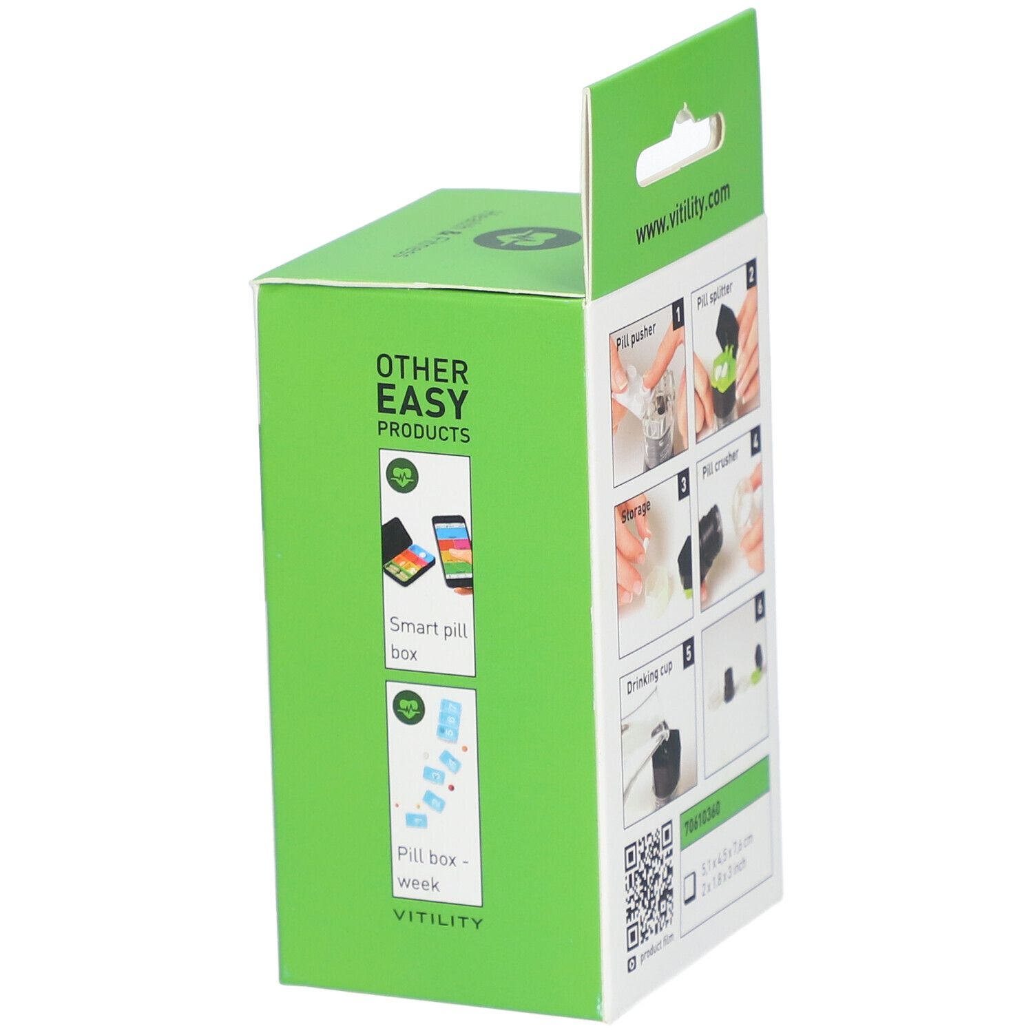 Grüne Verpackung für 'Smart Pill Box' und 'Pill Box - Week' von VITILITY mit Anleitungsbildern.