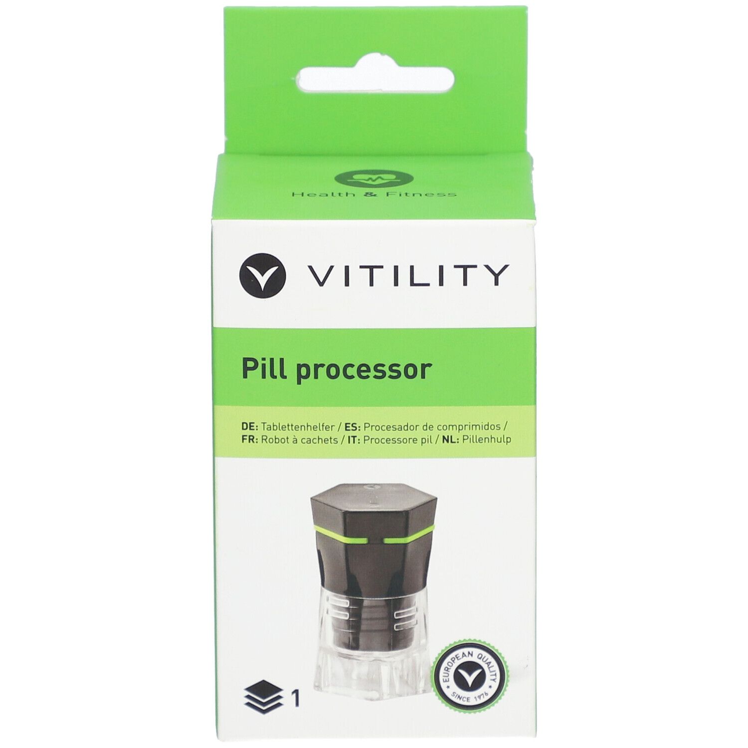 Vitility Pill Processor Verpackung mit einem Pillenzerkleinerer in Schwarz und Grün.
