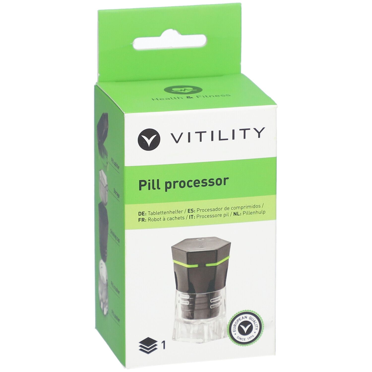 Vitility Pill Processor Verpackung mit einem Pillenzerkleinerer, hexagonal, schwarz und grün.
