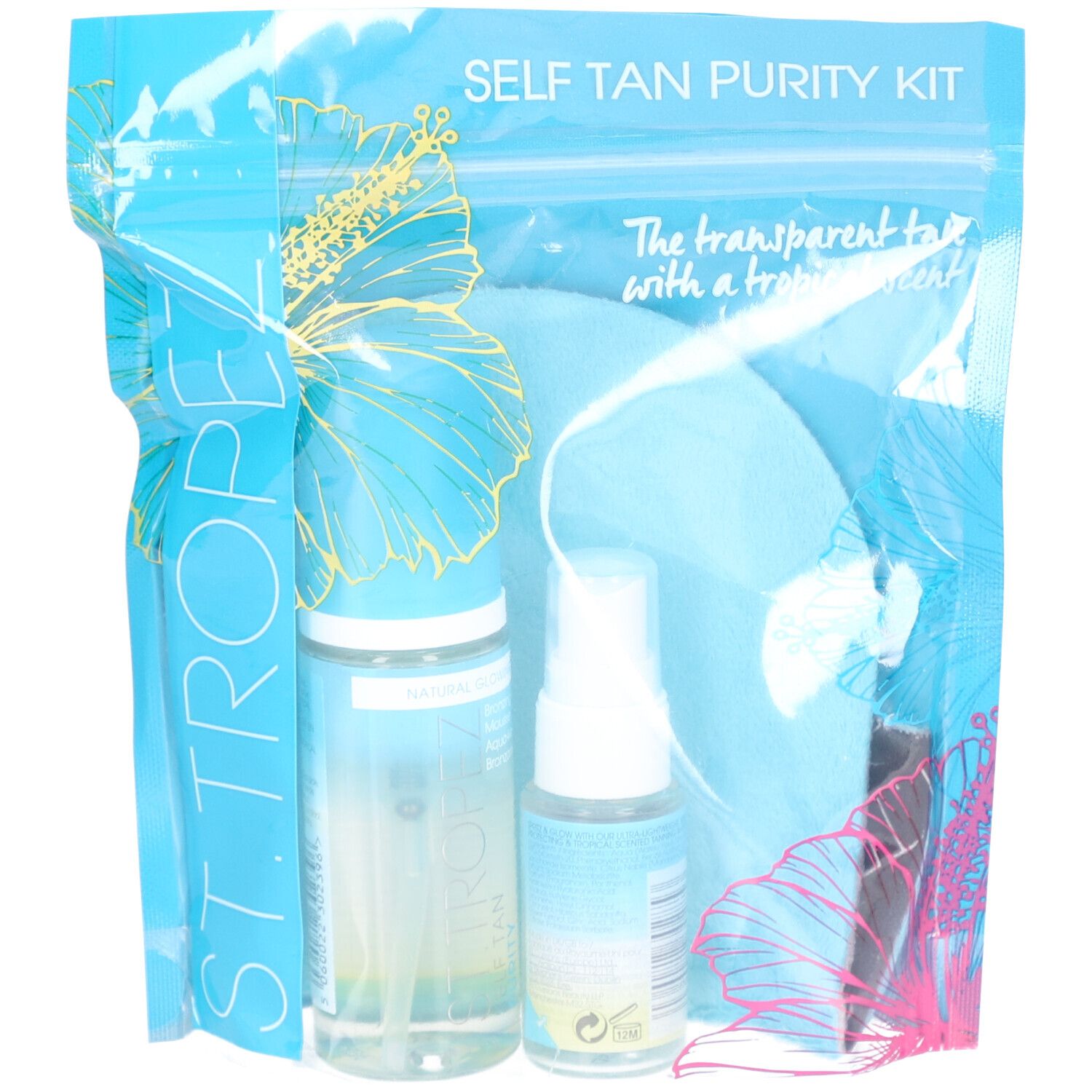 Set mit drei Produkten in transparenter Verpackung. Enthält Sprühflasche, Flasche mit Zerstäuber und Applikator. Marke: ST. TROPEZ.