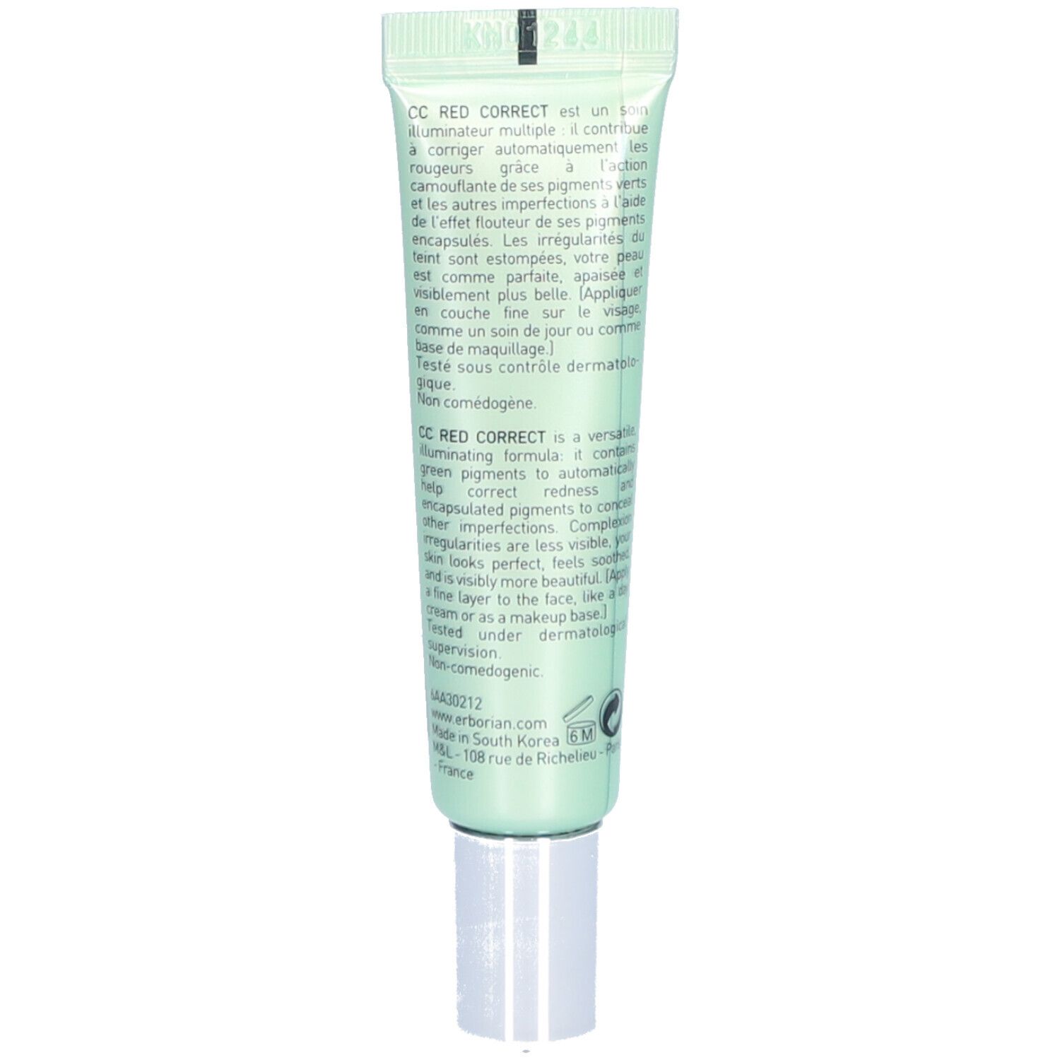 Rückseite der Erborian CC Red Correct Tube mit Produktinformationen.