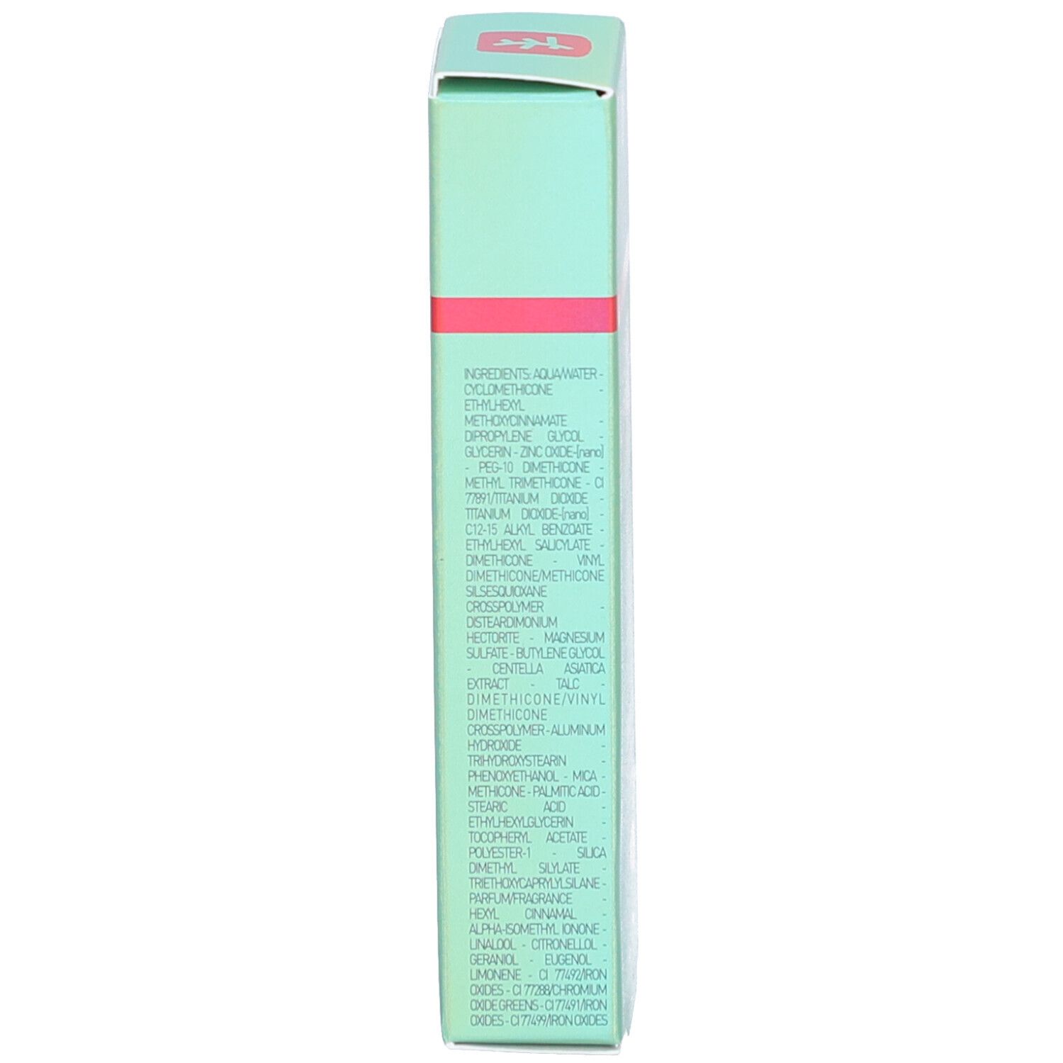 Seite der Erborian CC Red Correct Faltschachtel mit Inhaltsstoffen.