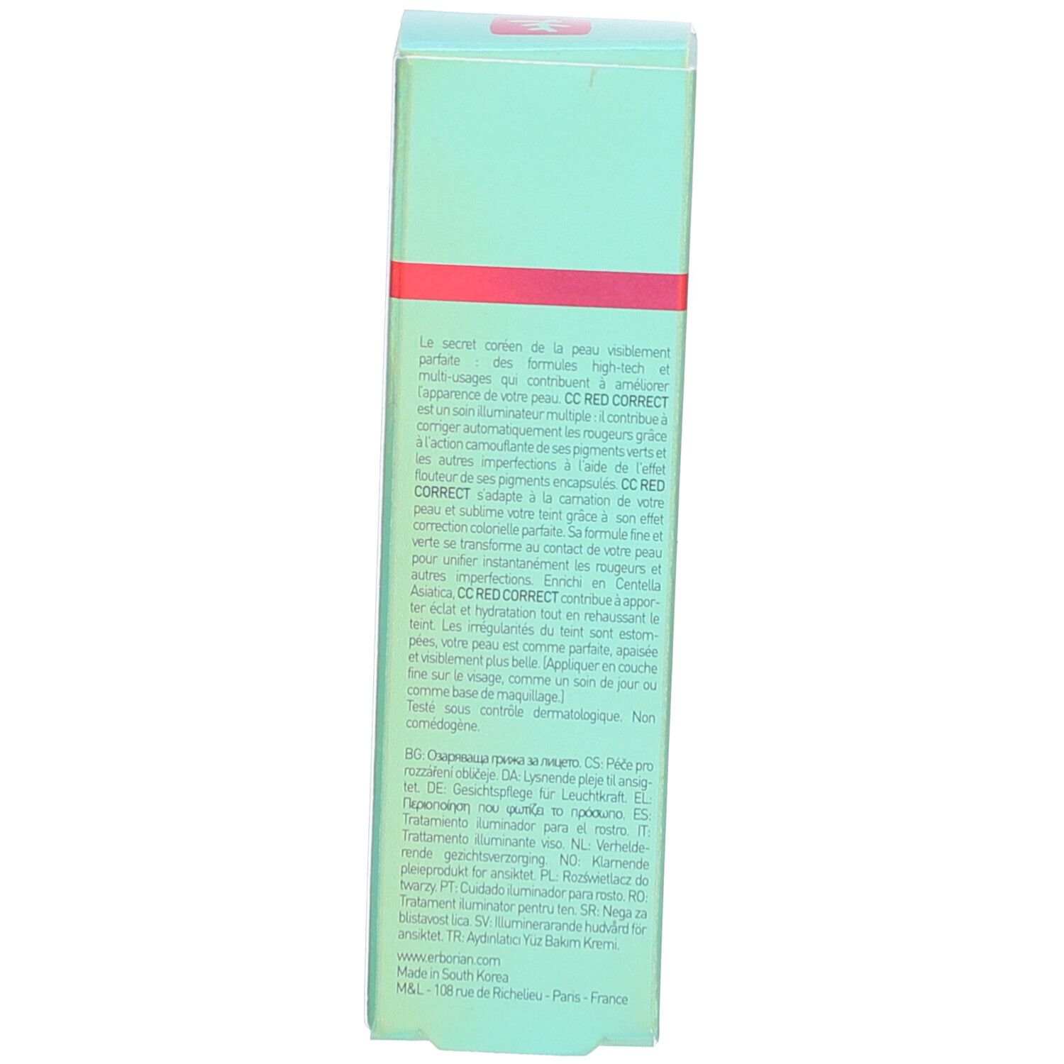 Seite der Erborian CC Red Correct Faltschachtel mit Produktbeschreibung.