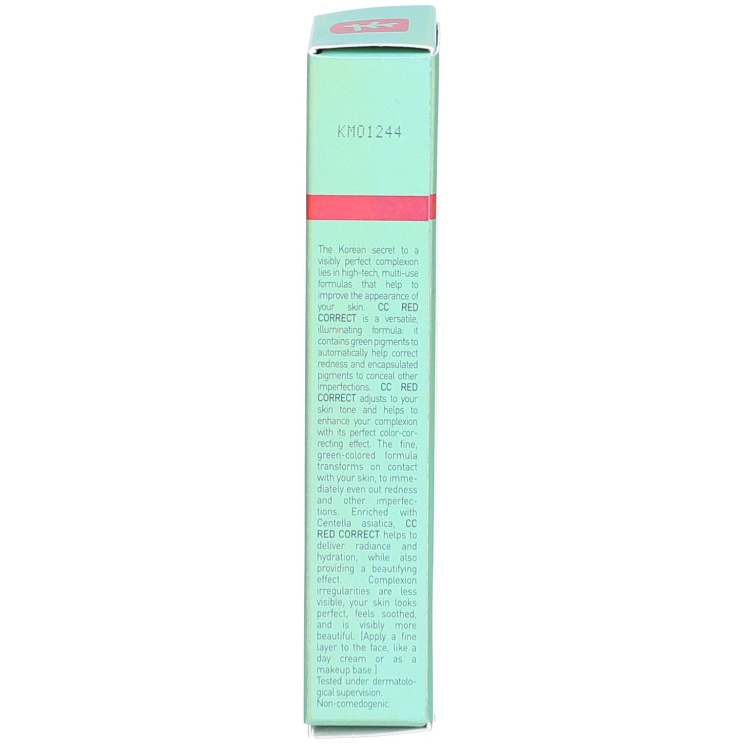 Seite der Erborian CC Red Correct Faltschachtel mit Produktcode.