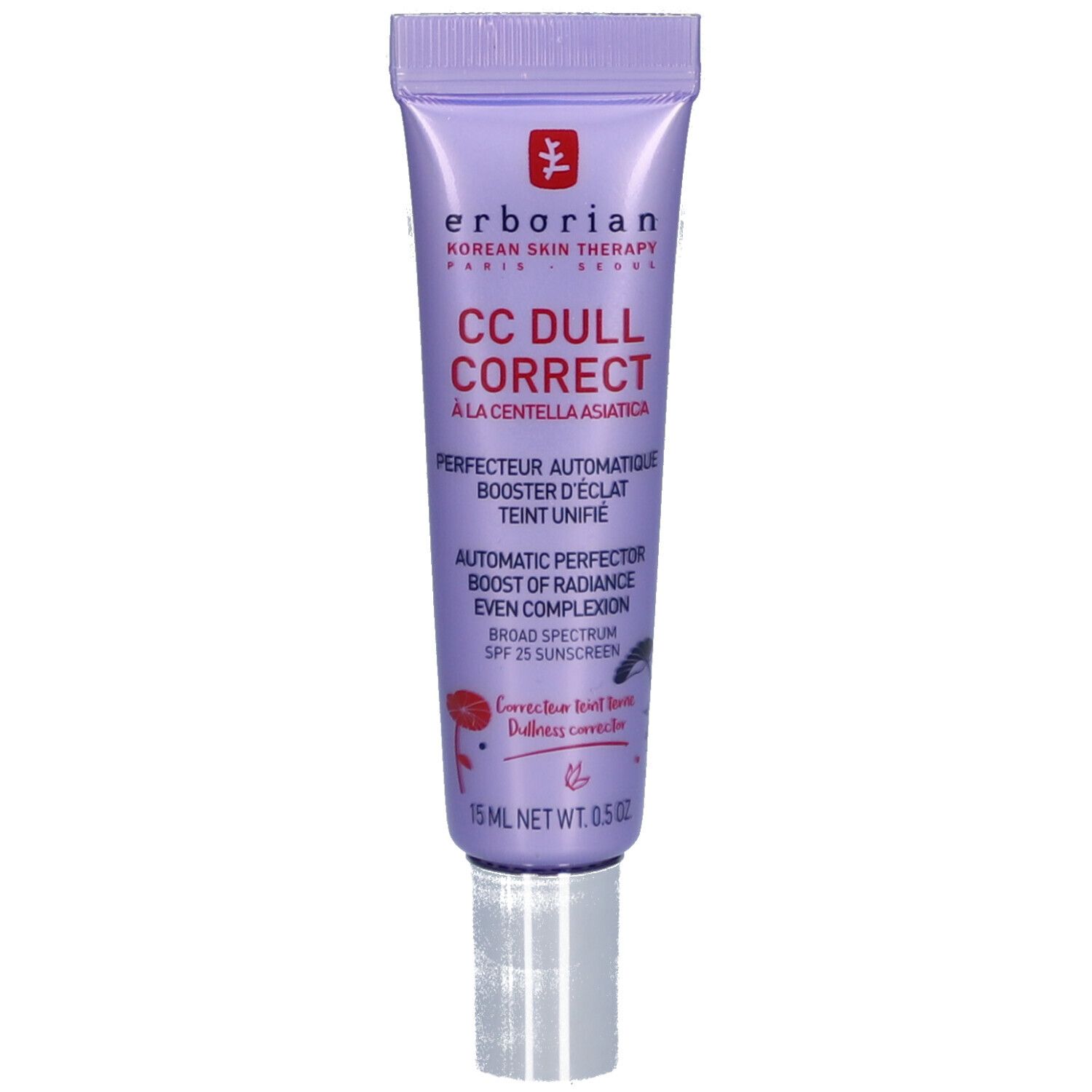 Tube Erborian CC Dull Correct. Tube lilas avec bouchon argenté. Texte: CC Dull Correct, à la Centella Asiatica, SPF 25.
