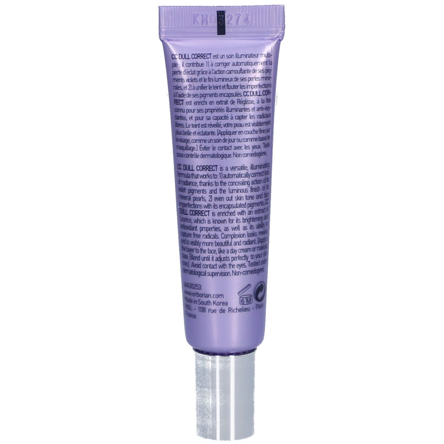 Dos du tube Erborian CC Dull Correct. Texte multilingue. Ingrédients et description du produit.