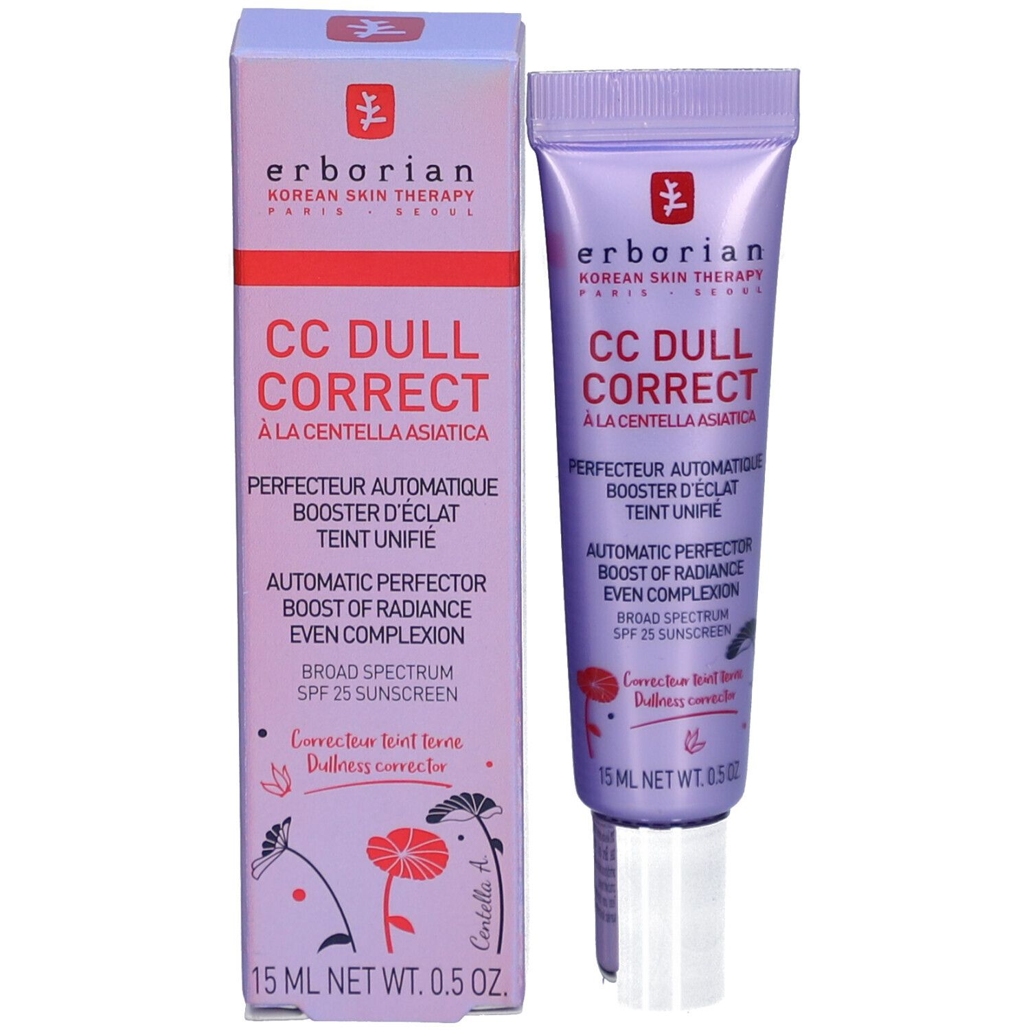 Produit et emballage Erborian CC Dull Correct. Tube et boîte lilas. Texte: CC Dull Correct, à la Centella Asiatica, SPF 25.