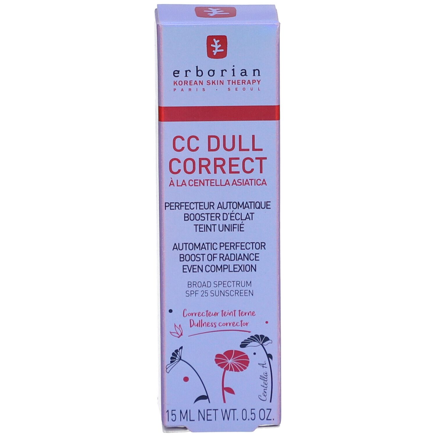 Emballage Erborian CC Dull Correct. Boîte rectangulaire. Texte: CC Dull Correct, à la Centella Asiatica, SPF 25.