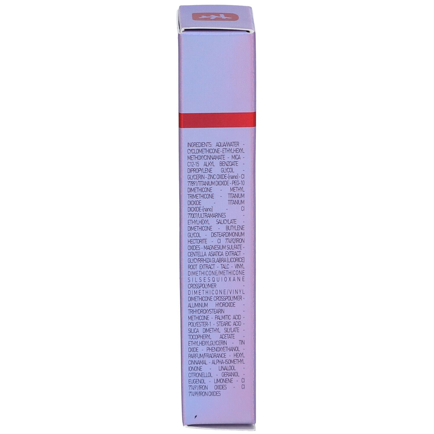 Côté de l'emballage Erborian CC Dull Correct. Texte: Ingrédients. Bande rouge en haut.