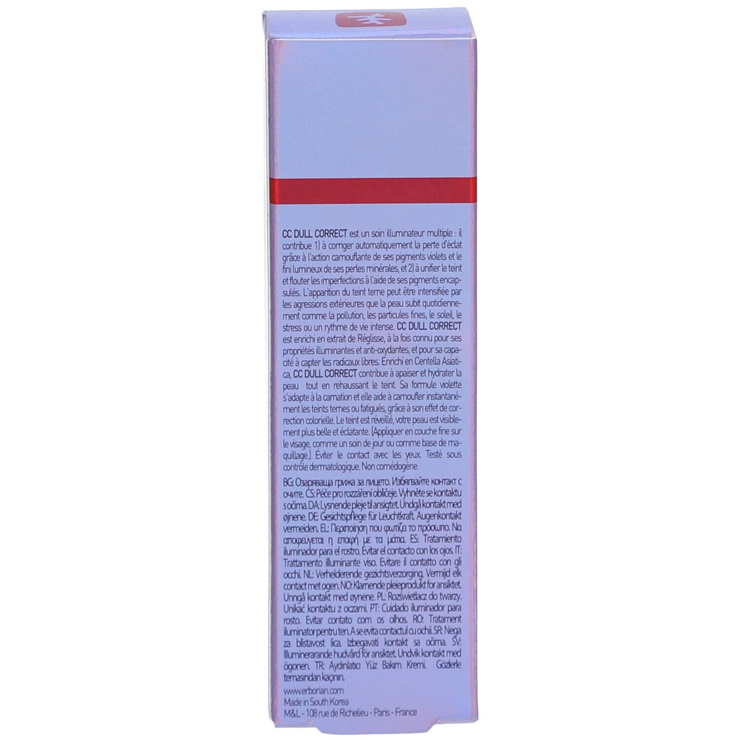 Côté de l'emballage Erborian CC Dull Correct. Texte multilingue. Description du produit.