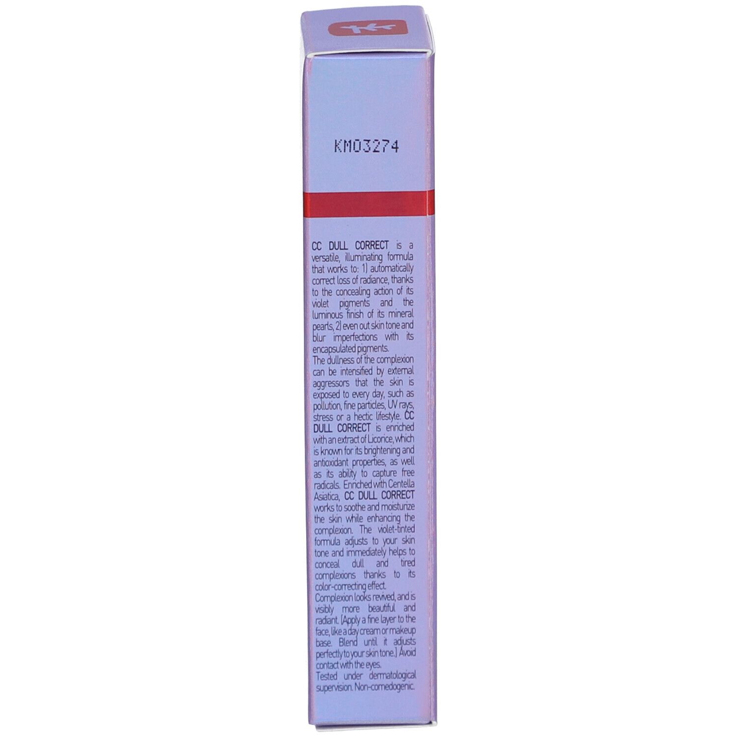 Côté de l'emballage Erborian CC Dull Correct. Texte: Description du produit. KM03274.