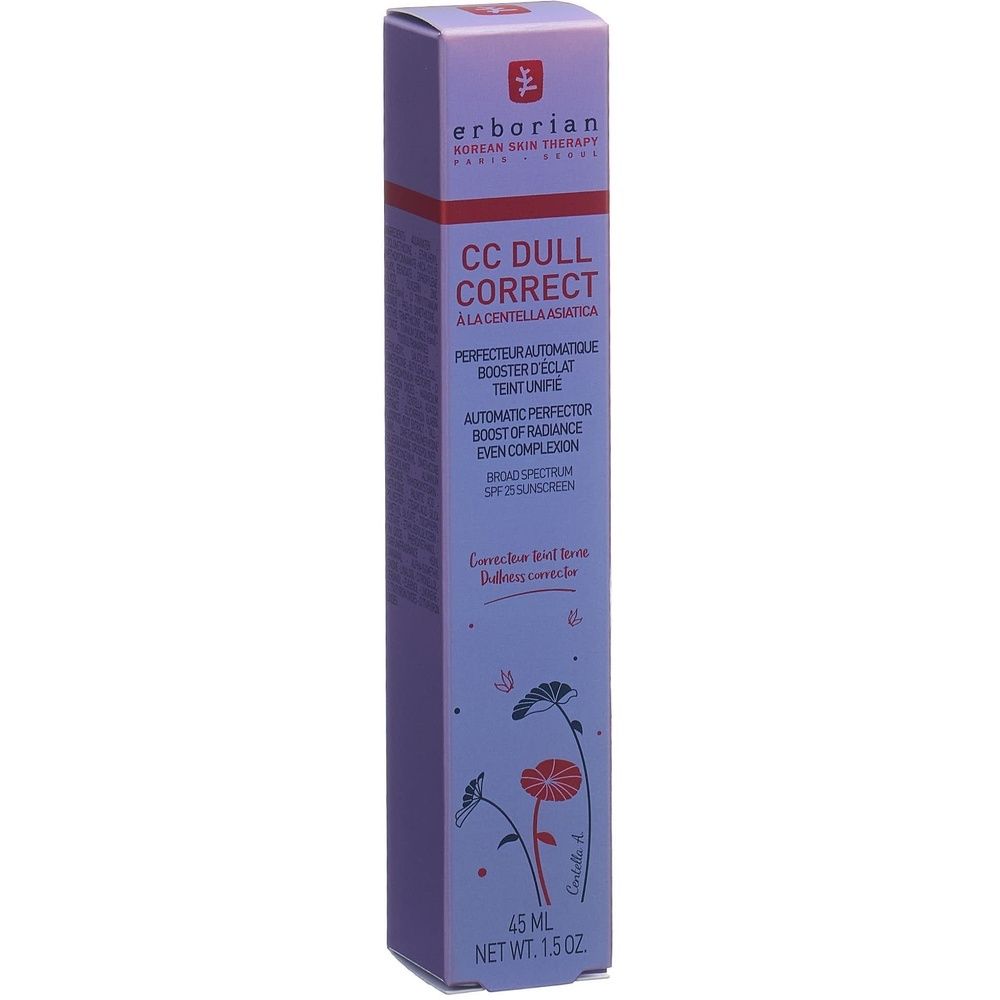 Erborian CC Dull Correct Verpackung. Lila Schachtel mit Produktnamen und Beschreibung. Enthält 45 ml.