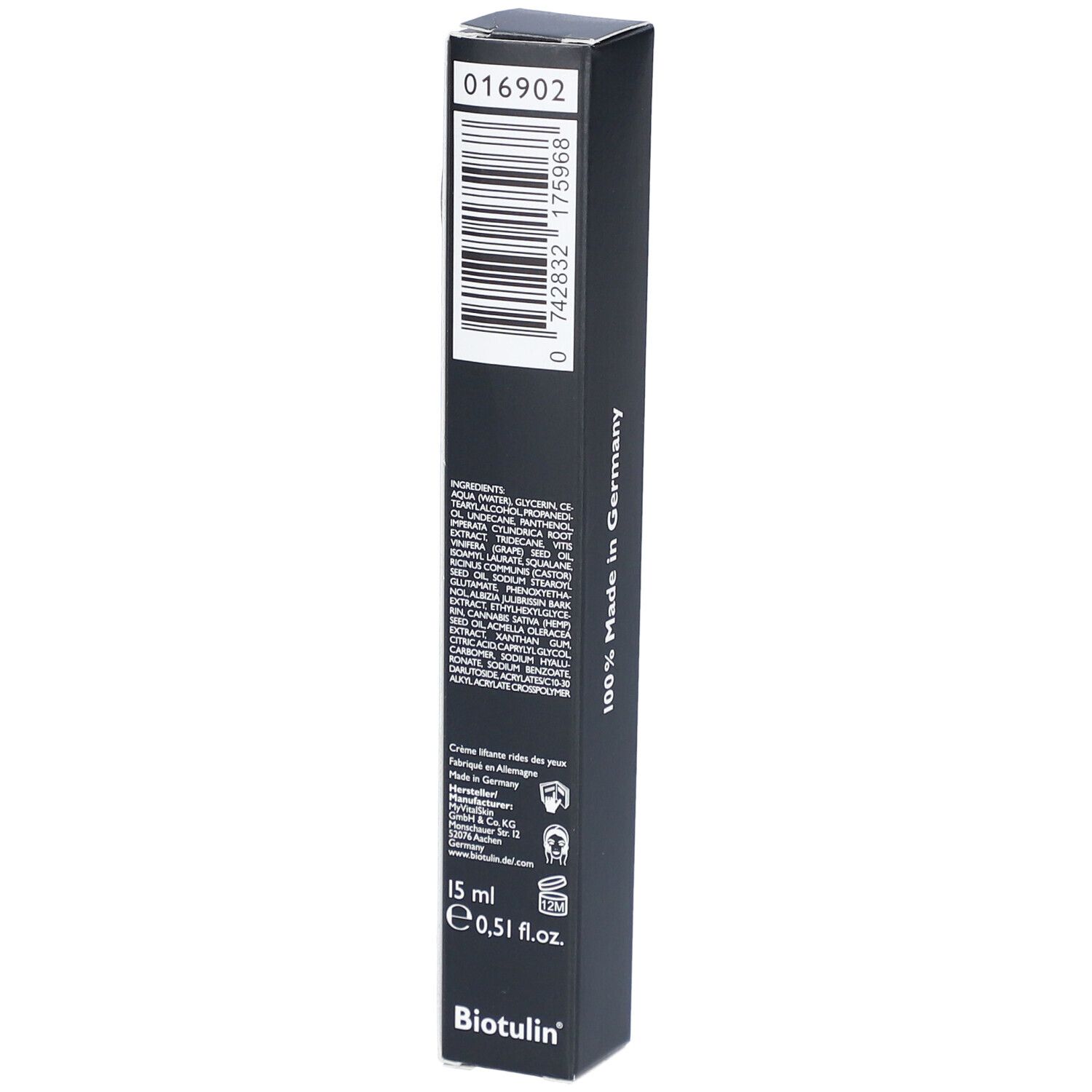 Schwarze Verpackung mit Produktinformationen. Enthält Inhaltsstoffe, Barcode und Volumenangabe: 15 ml.