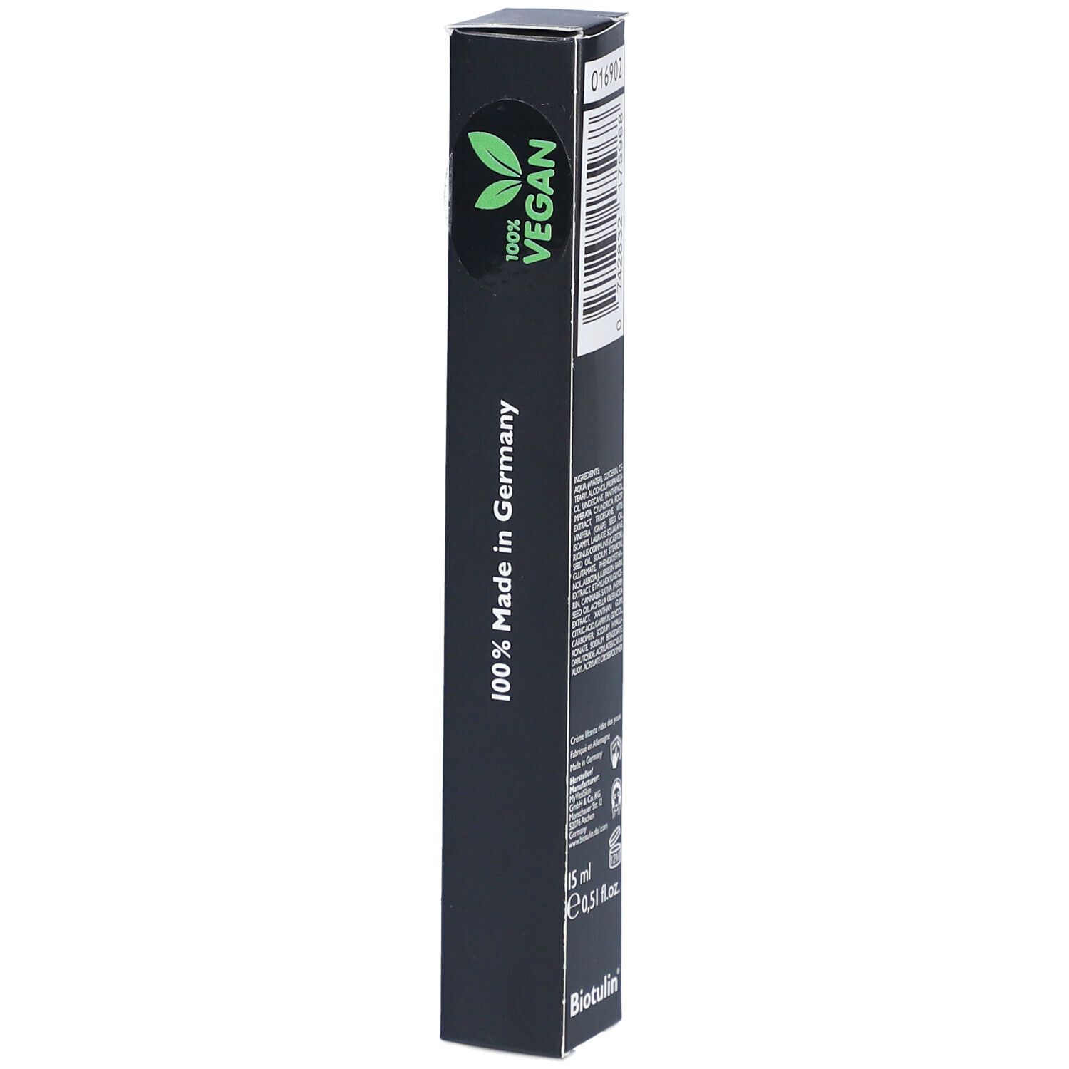Schwarze Verpackung mit Produktnamen und Logo. Hergestellt in Deutschland. Vegan-Siegel.
