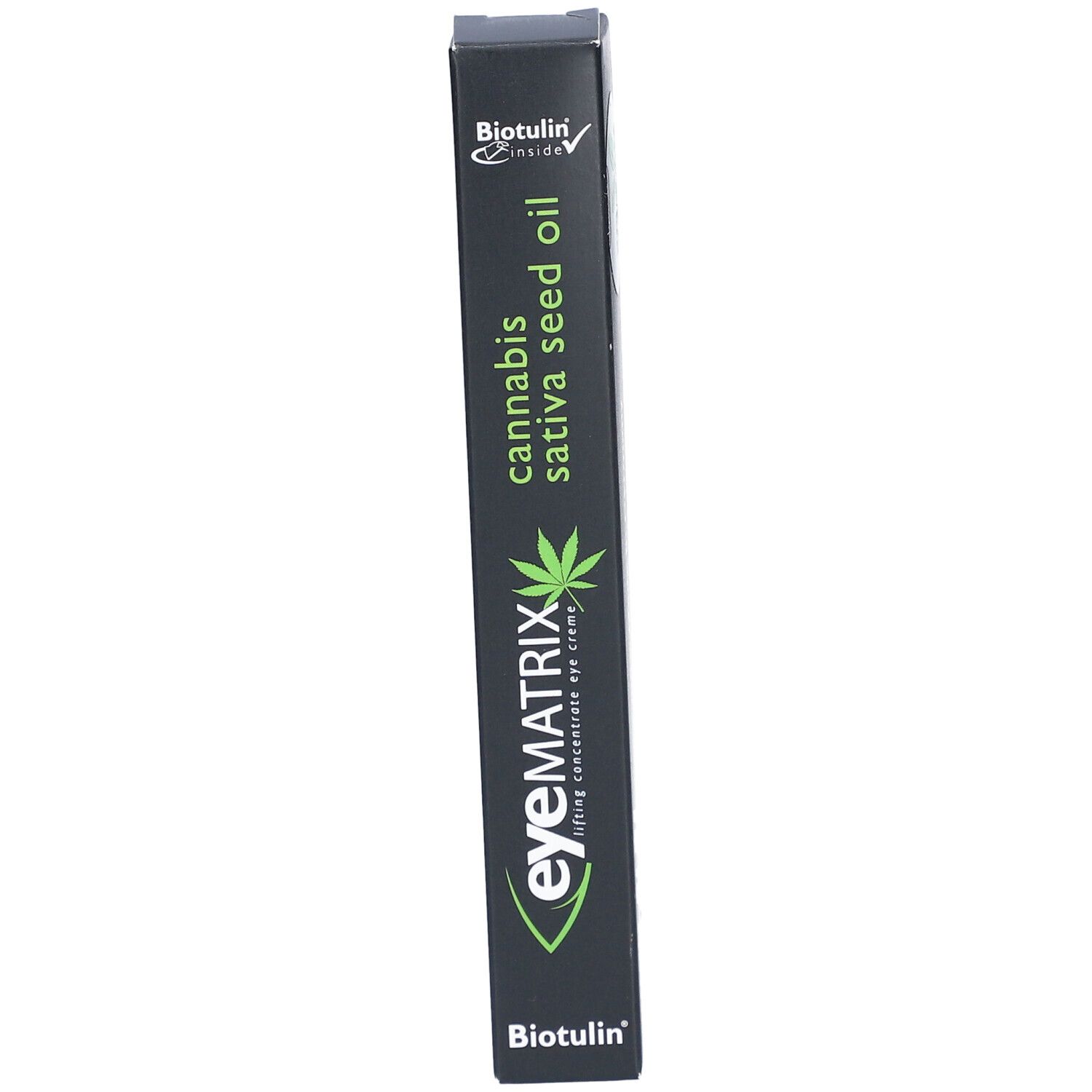 Schwarze Verpackung mit Produktnamen und Logo. Enthält Cannabis Sativa Seed Oil. Blickwinkel schräg.