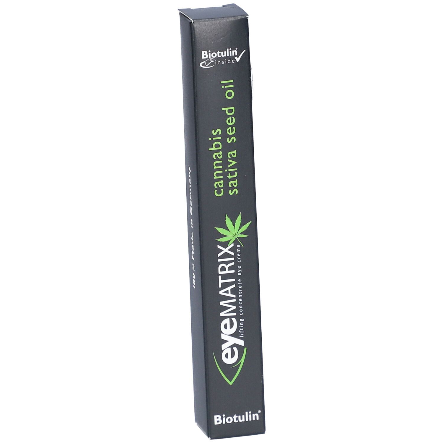 Schwarze Verpackung mit Produktnamen und Logo. Enthält Cannabis Sativa Seed Oil. Blickwinkel schräg.