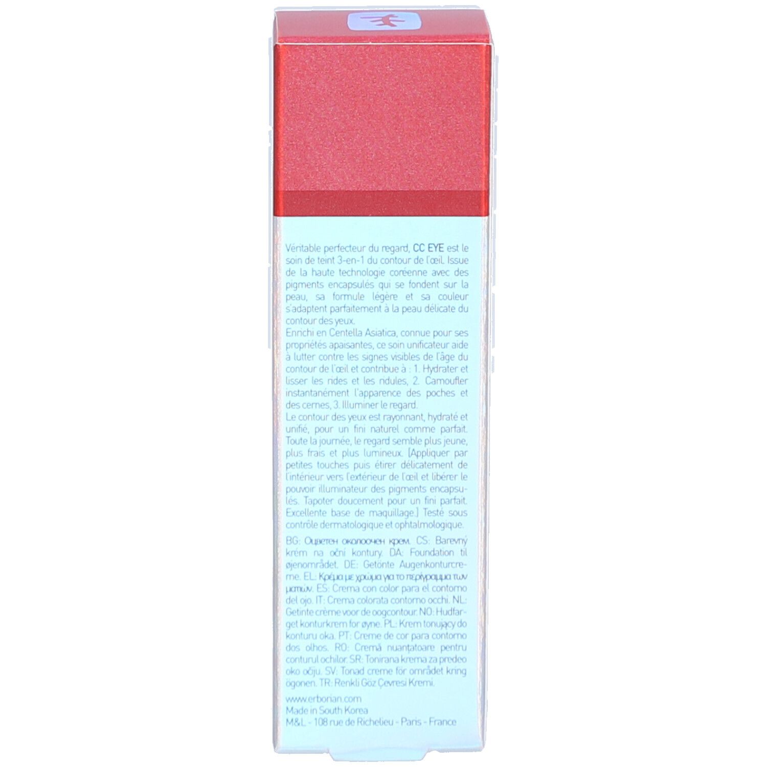 Rückseite der Erborian CC Eye Verpackung mit Produktbeschreibung.