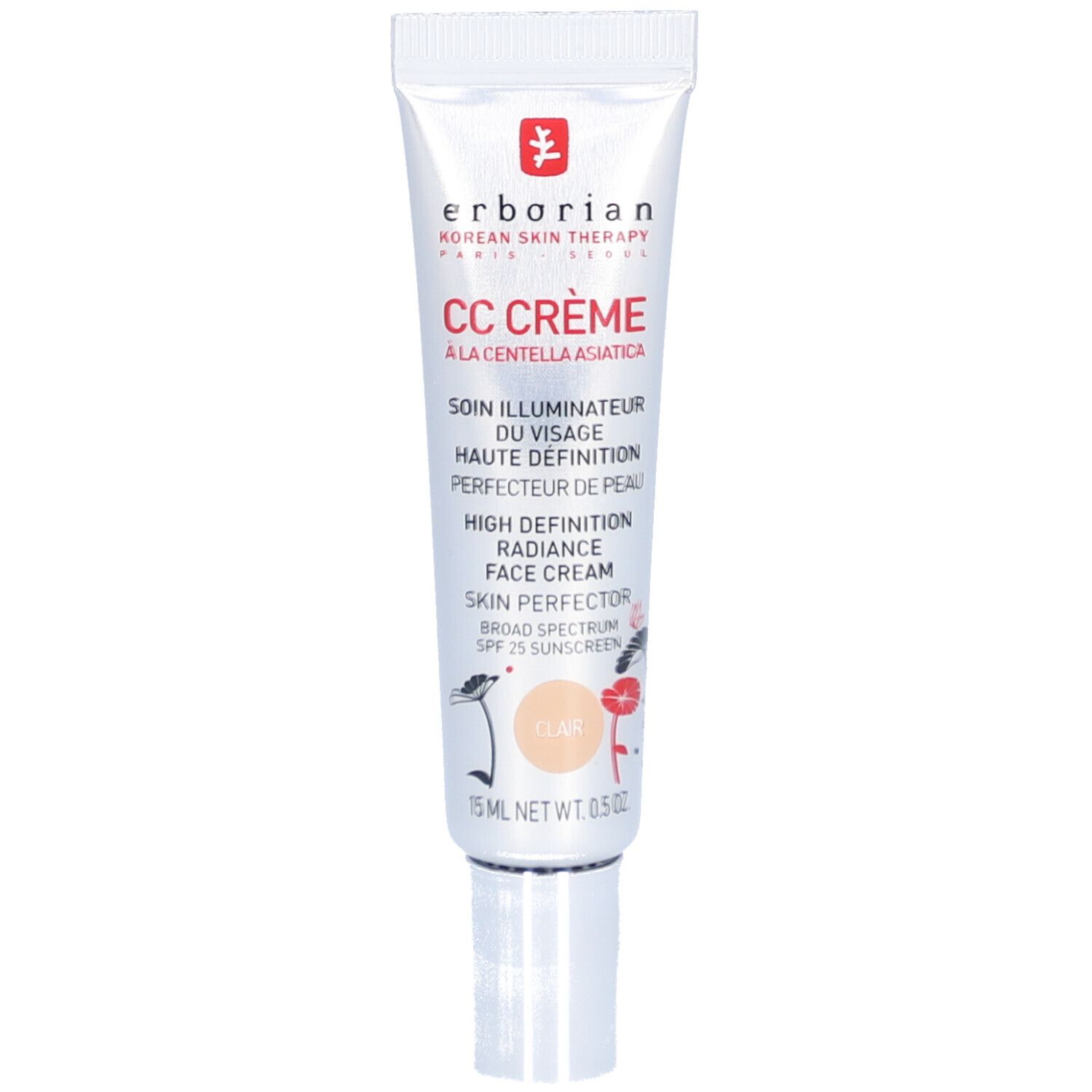 Creme-Tube mit Aufschrift CC CRÈME. Klar-Farbton. Enthält 15 ml. Mit SPF 25. Marke: erborian.