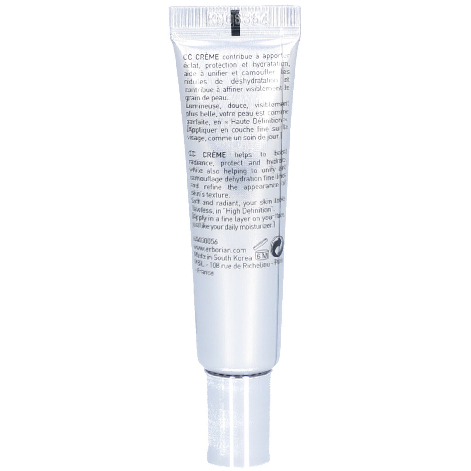Rückseite der Creme-Tube. Text in mehreren Sprachen. Enthält Informationen über das Produkt.