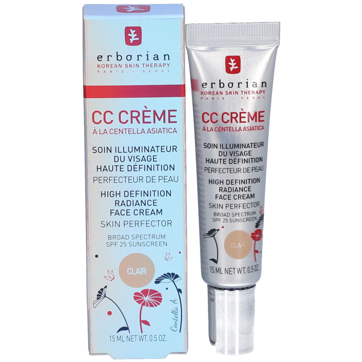 Produktverpackung mit Creme-Tube. Aufschrift CC CRÈME. Farbton Klar. Marke: erborian. 15 ml.