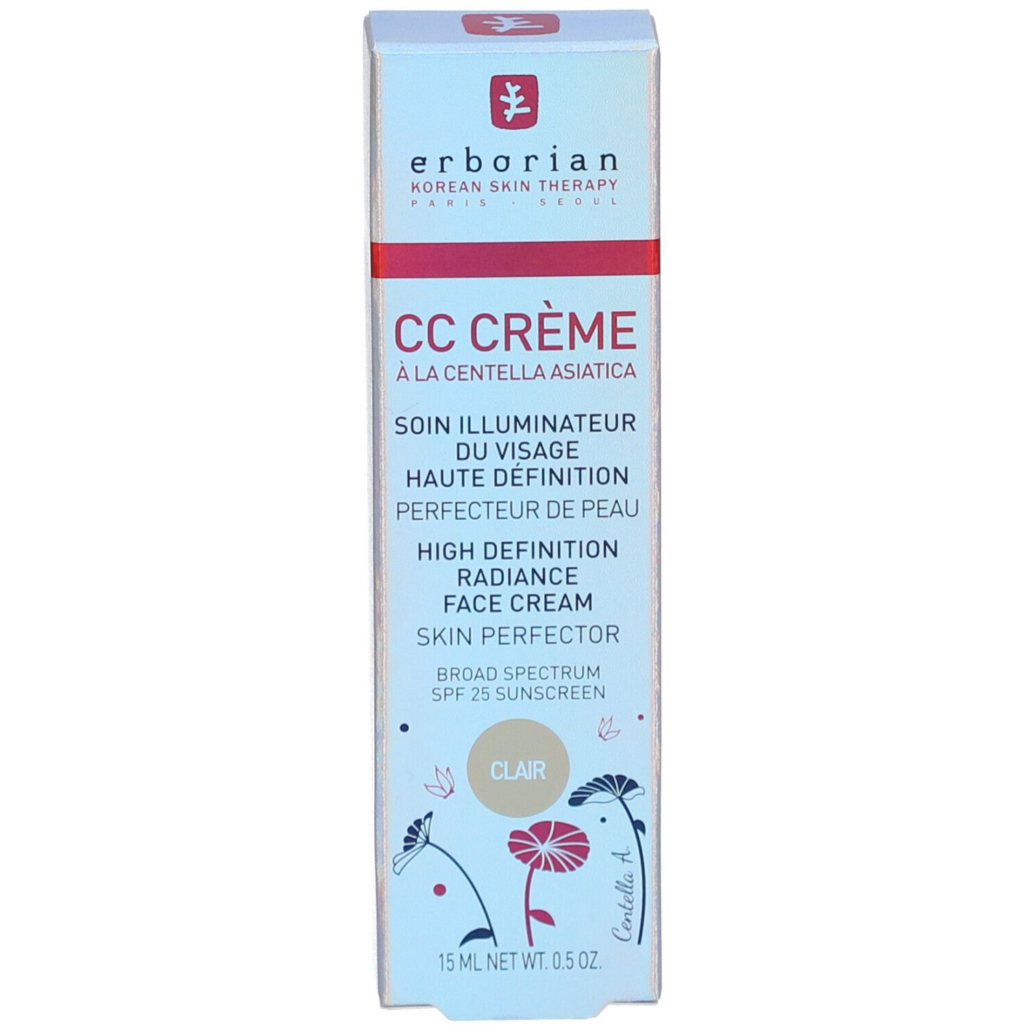 Produktverpackung. Aufschrift CC CRÈME. Farbton Klar. Marke: erborian. 15 ml.