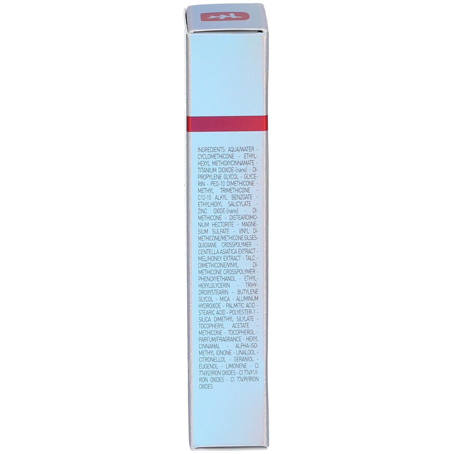 Seite der Produktverpackung. Auflistung der Inhaltsstoffe. Text in englischer Sprache.
