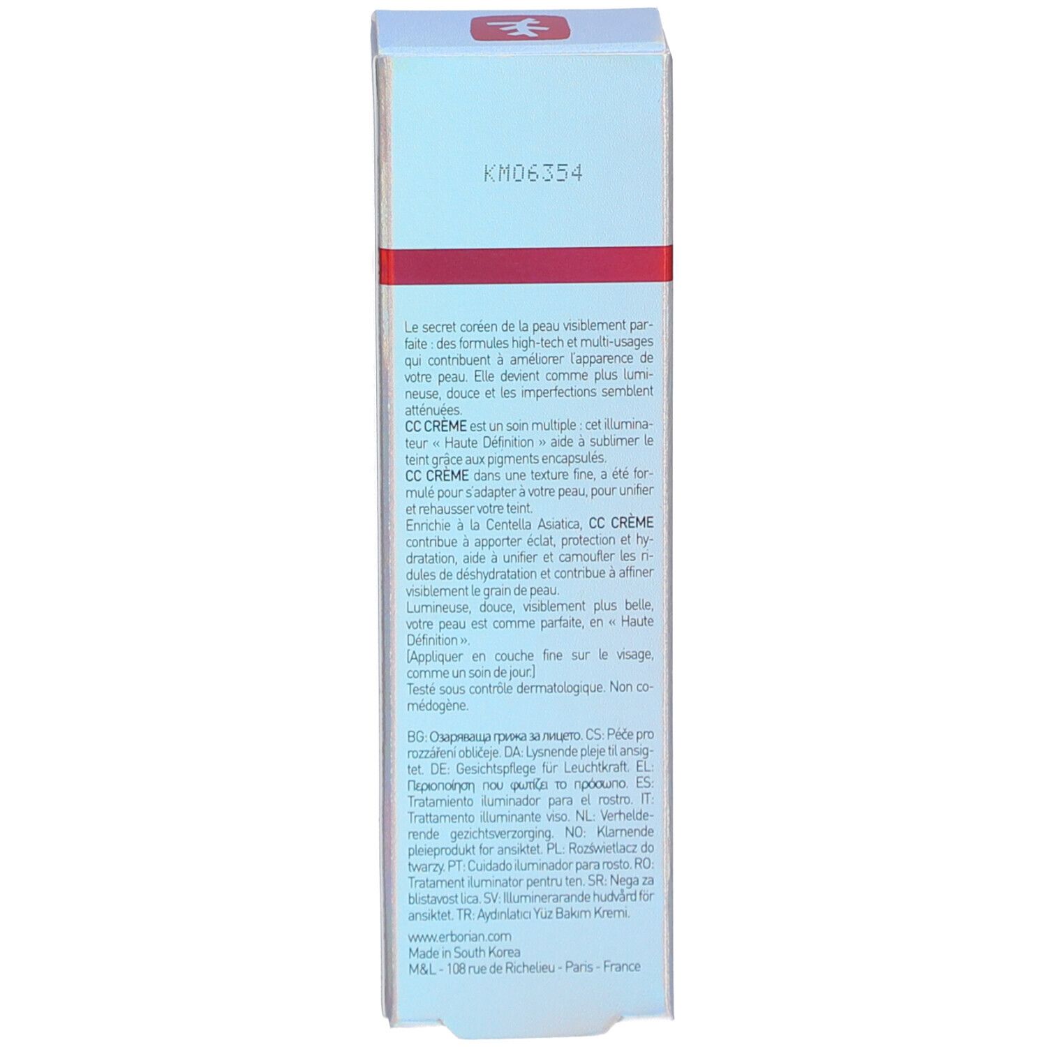 Seite der Produktverpackung. Text in mehreren Sprachen. Informationen zum Produkt.