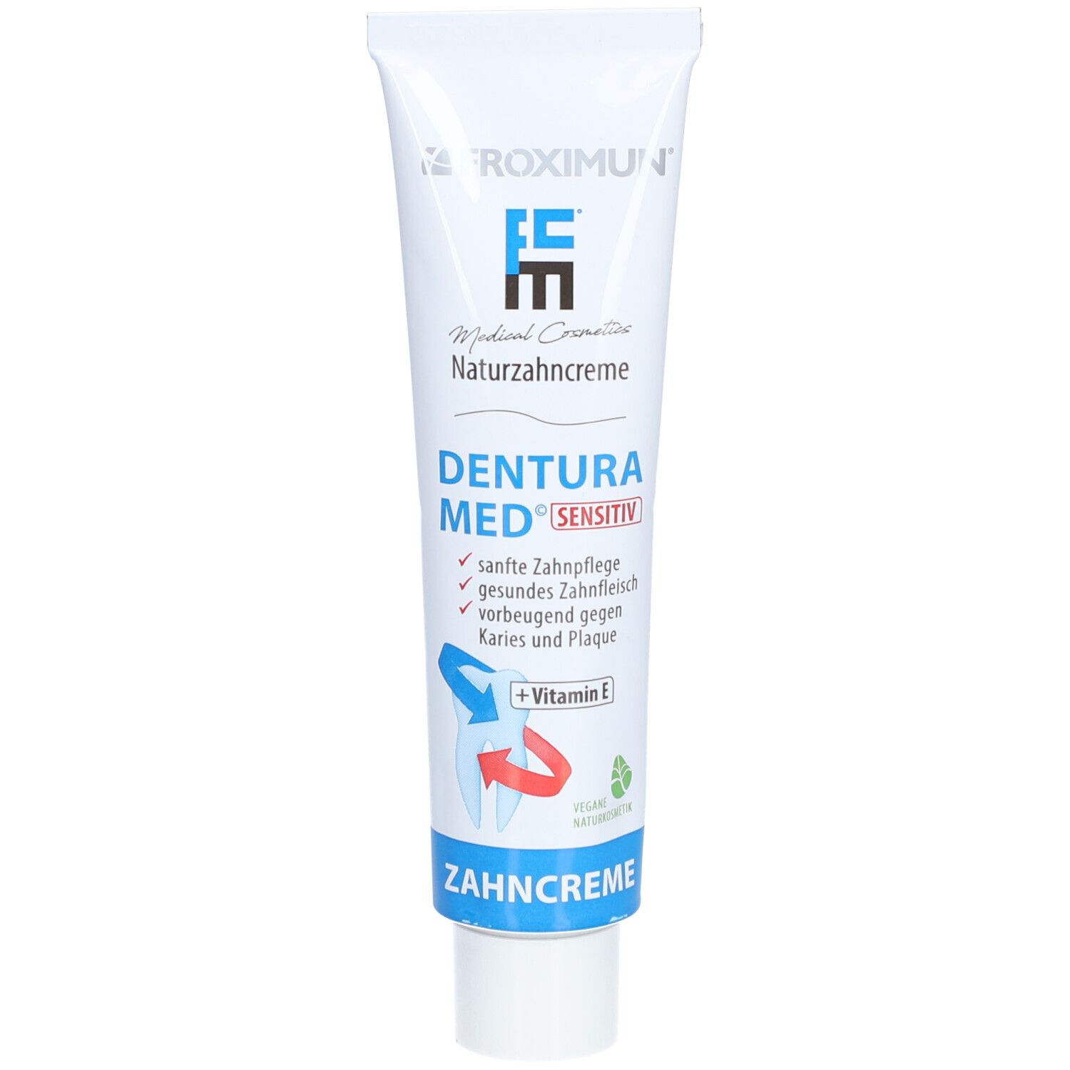 Zahnpasta-Tube, weiß, mit blauer und roter Schrift. Aufschrift: DENTURA MED SENSITIV, Naturzahncreme, + Vitamin E.