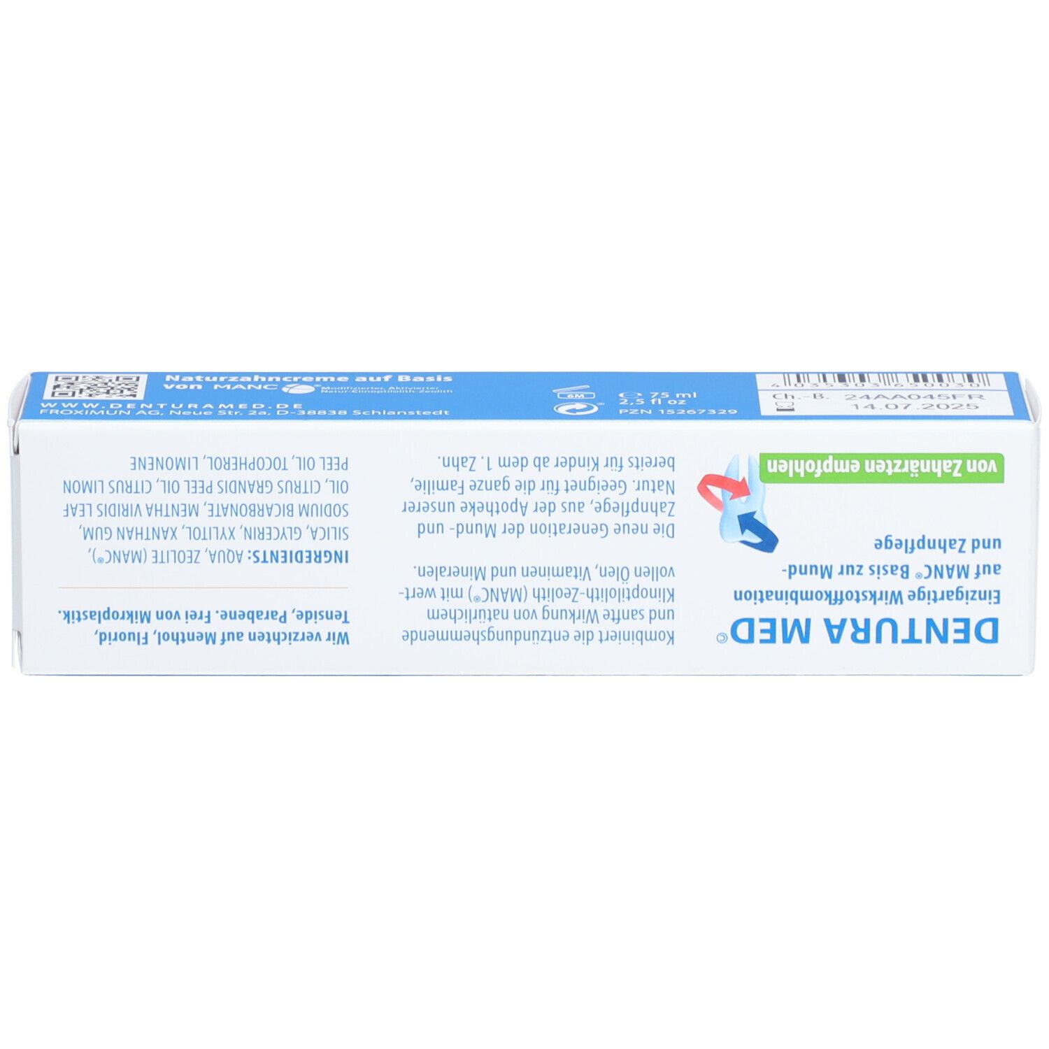 Oberseite einer blauen Schachtel. Aufschrift: DENTURA MED SENSITIV, Naturzahncreme. Enthält Inhaltsstoffe und Informationen.