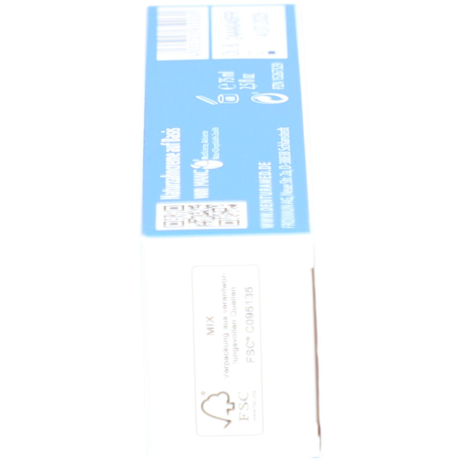 Seitenansicht einer blauen Schachtel. Aufschrift: DENTURA MED SENSITIV. FSC-Logo und andere Kennzeichnungen.