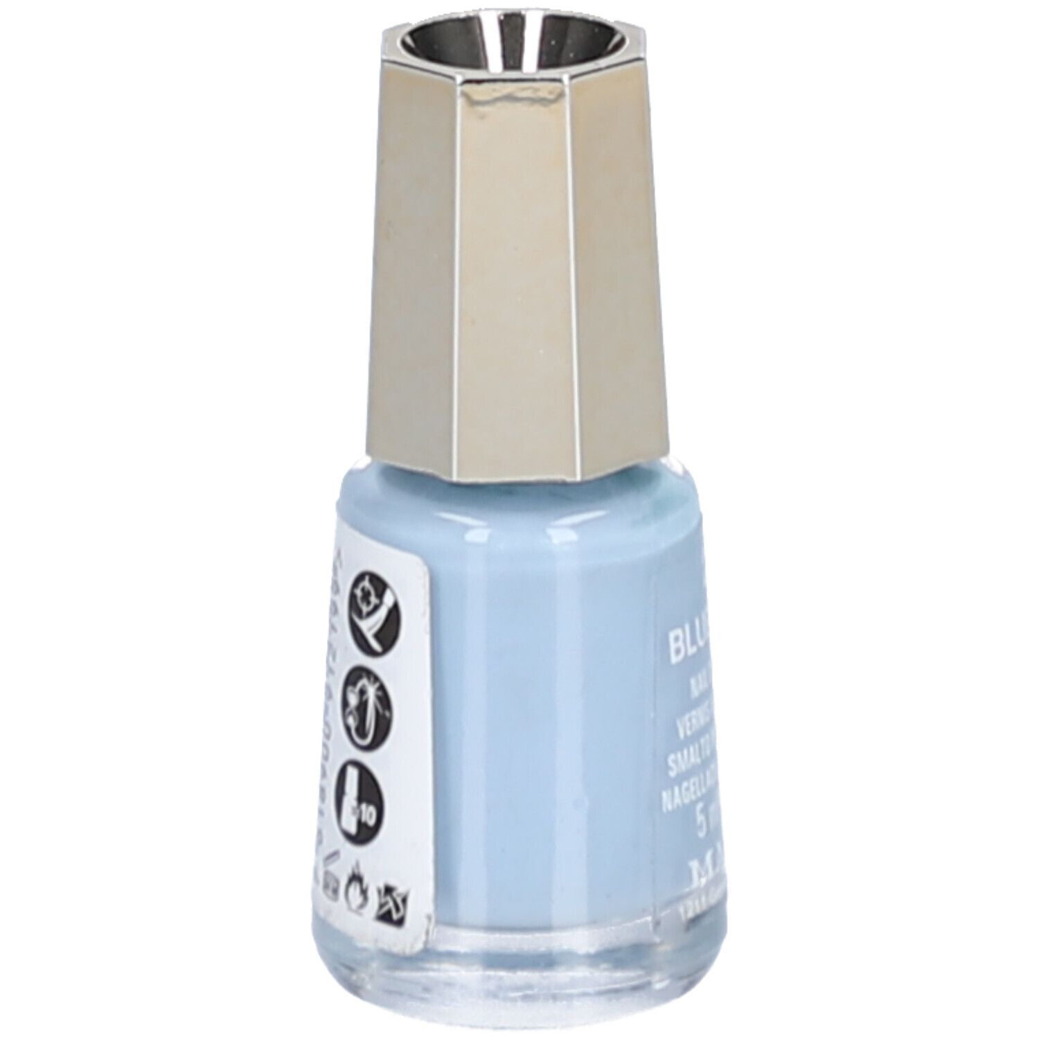 Hellblauer Nagellack in Glasflasche mit goldenem Deckel. Auf der Seite Symbole und Text. Produktname nicht lesbar.