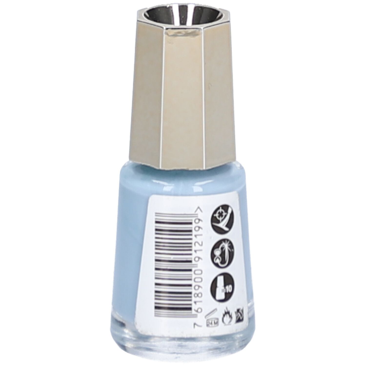 Hellblauer Nagellack in Glasflasche mit goldenem Deckel. Barcode und Symbole auf der Seite. Produktname nicht lesbar.