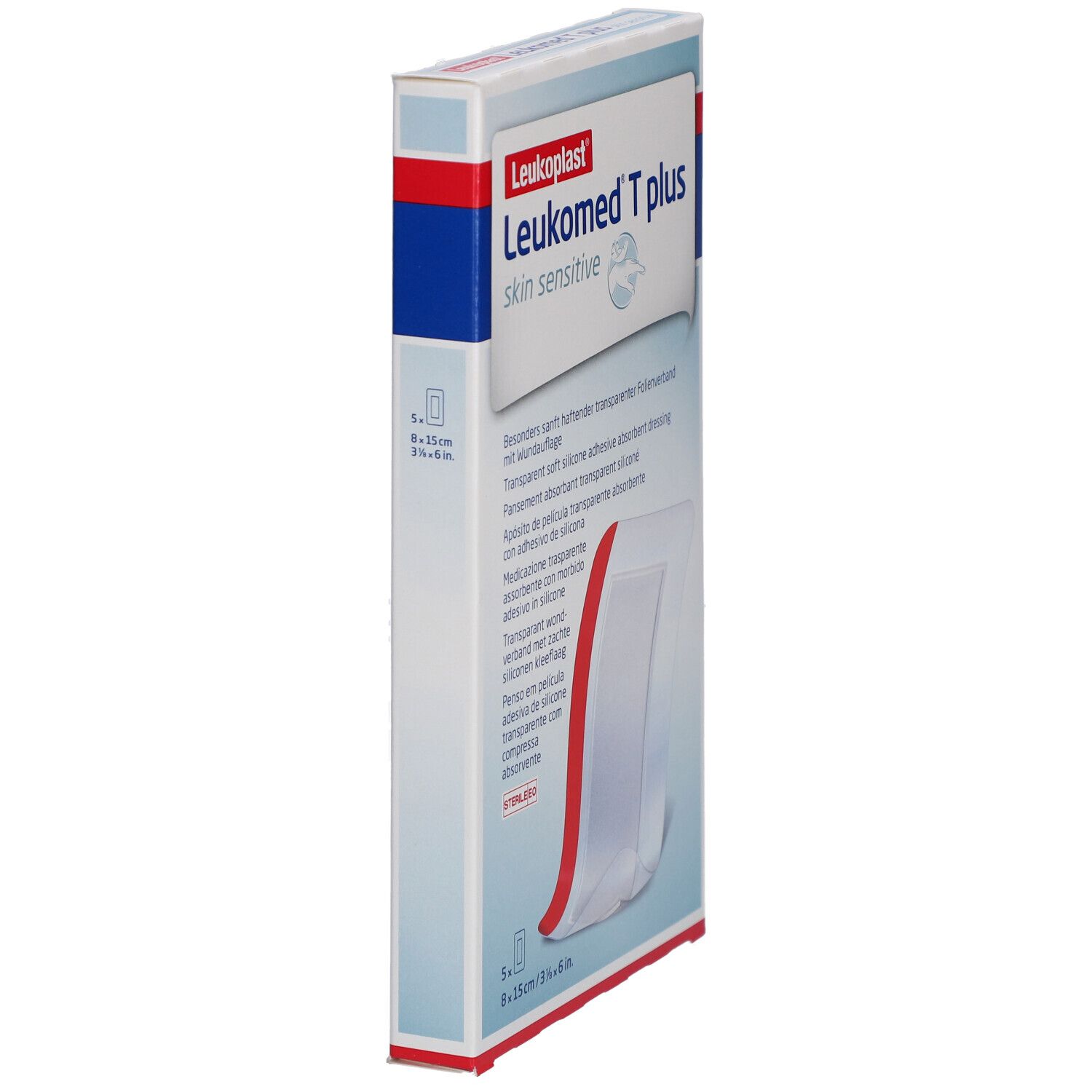 Schrägansicht der Verpackung mit transparentem Wundverband. Produktname und Logo deutlich sichtbar.