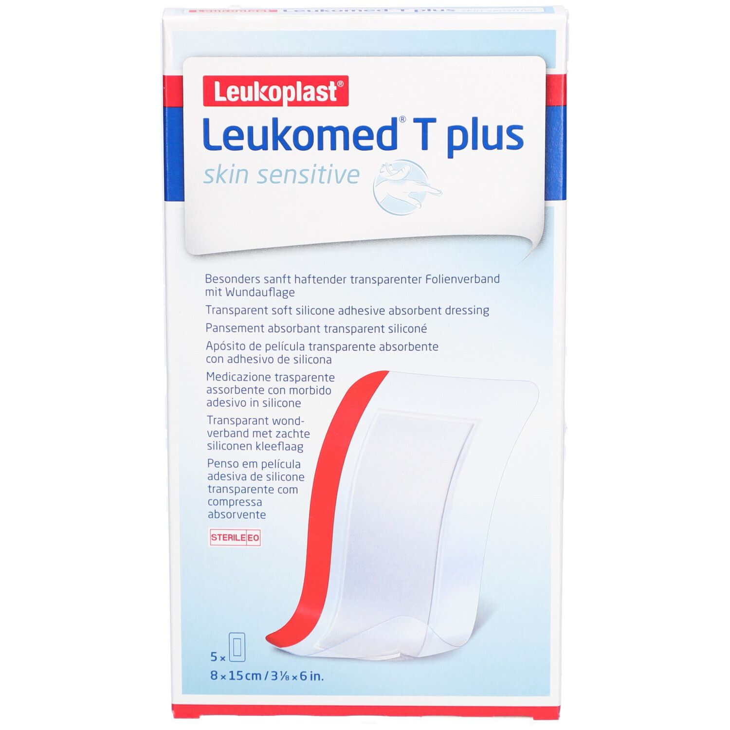 Verpackung mit transparentem Wundverband. Größe: 8 x 15 cm. Enthält 5 Stück. Produktname und Logo sichtbar.