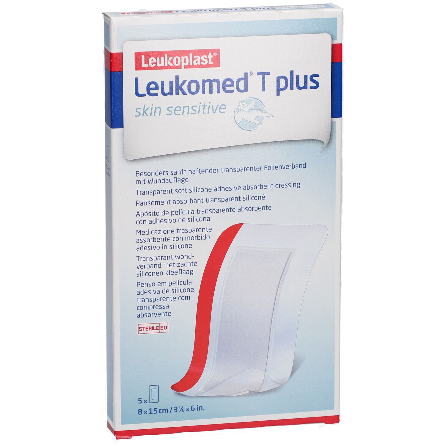 Verpackung mit transparentem Wundverband. Größe: 8 x 15 cm. Enthält 5 Stück. Produktname und Logo sichtbar.